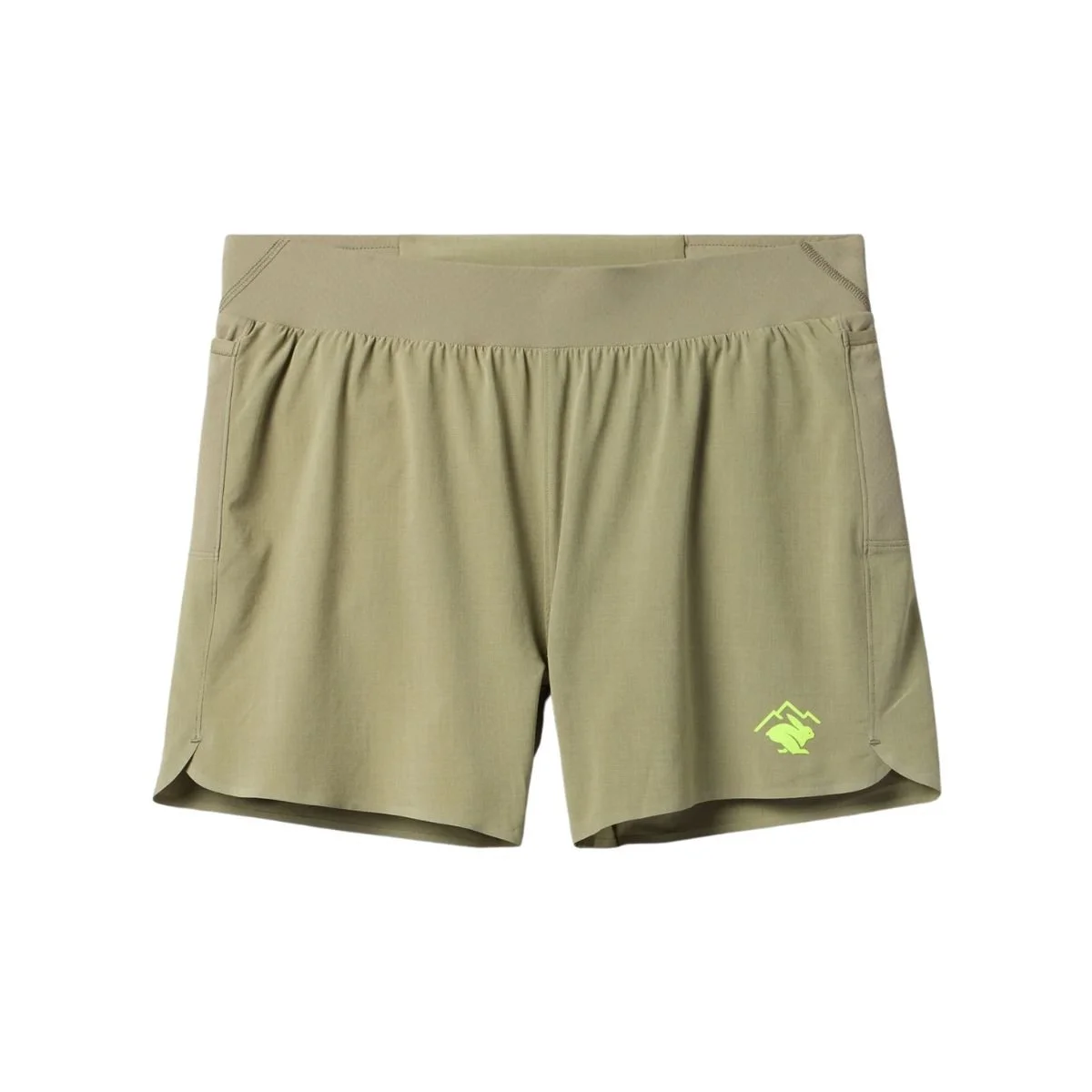 The rabbit FKT Shorts in light tan color with electric green logo