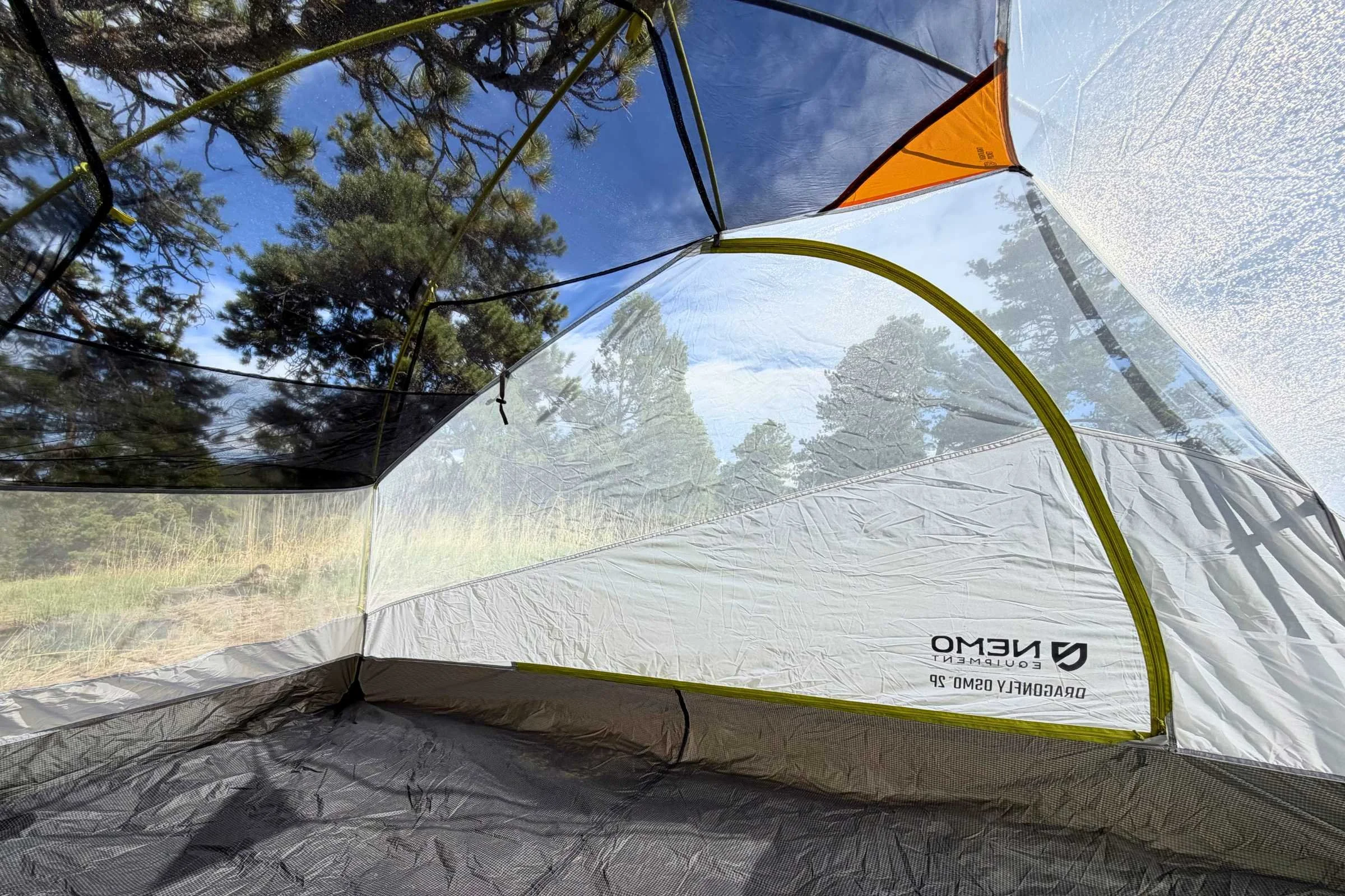The NEMO Dragonfly shown after setup; this view is of the 2p tent interior. Shown empty for visual on how much room it provides.