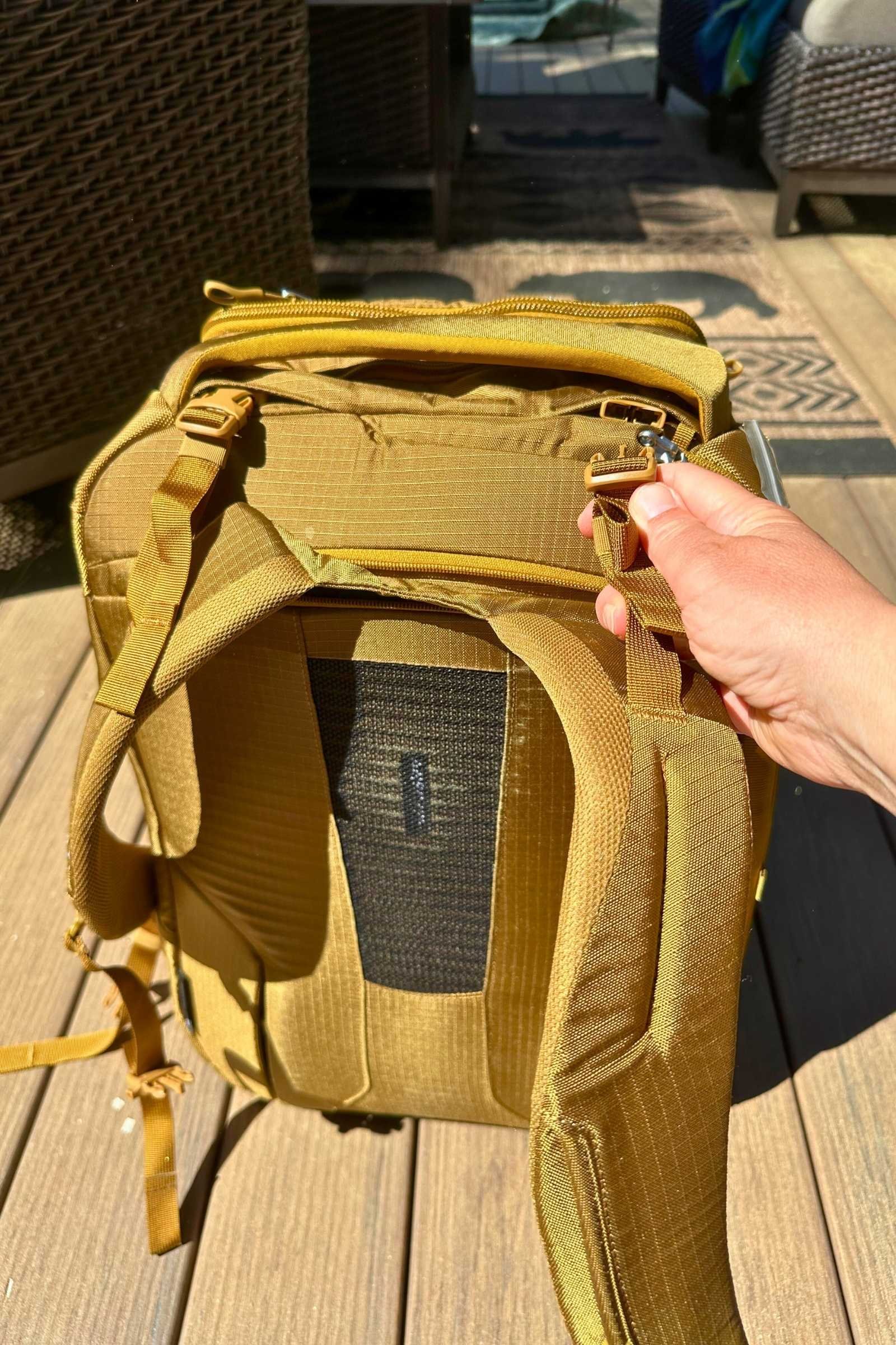 It is quick to change the bag into “backpack mode” don't forget to attach the load lifters for extra support. Photo courtesy Sara Kruglinski.