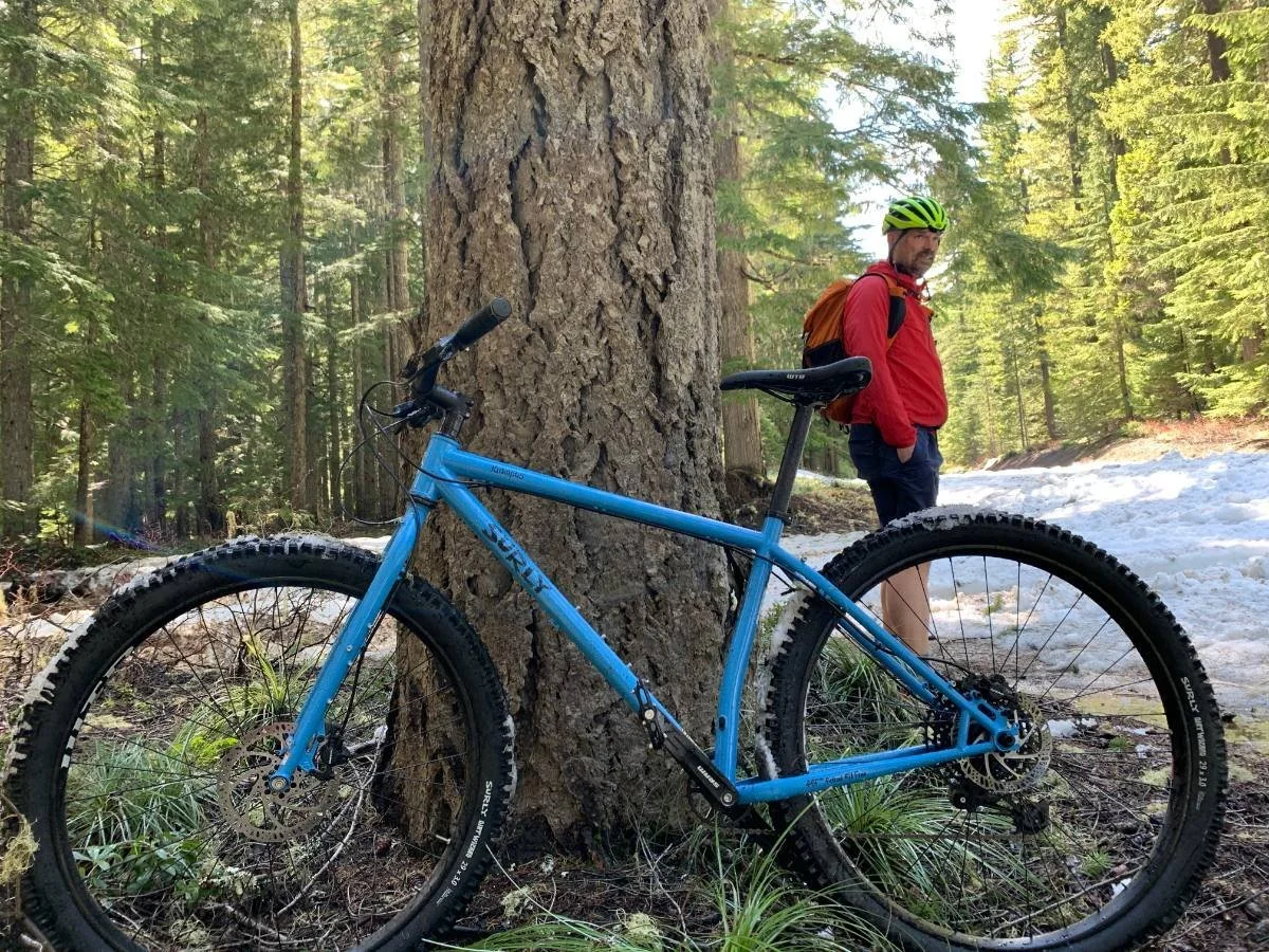 Treeline writer Mike Unger testing the Surly Krampus in the Gifford Pinchot National Forest, still partially under snow.