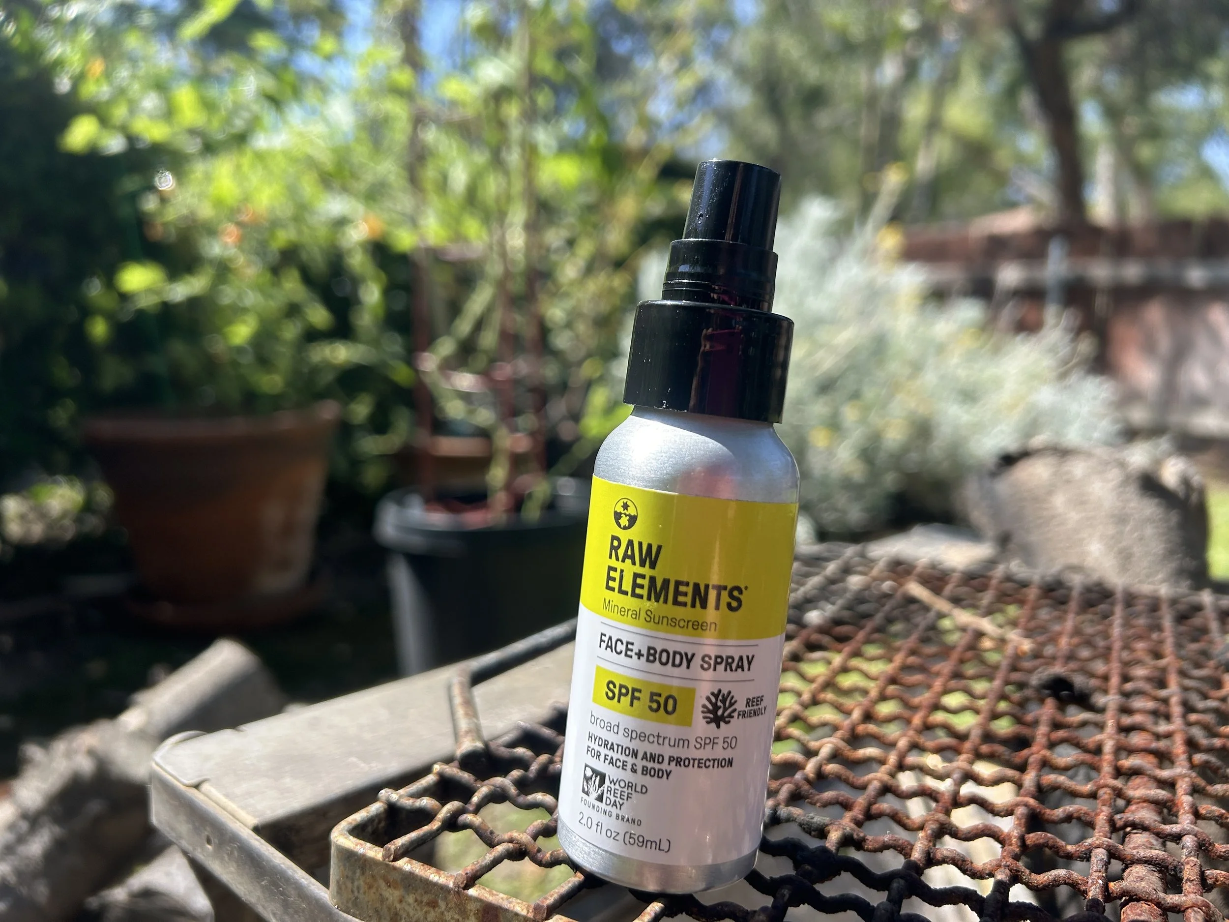  Raw Elements sunscreen spray is the only one we tested that is reef safe. It comes in a non-aerosol bottle. 