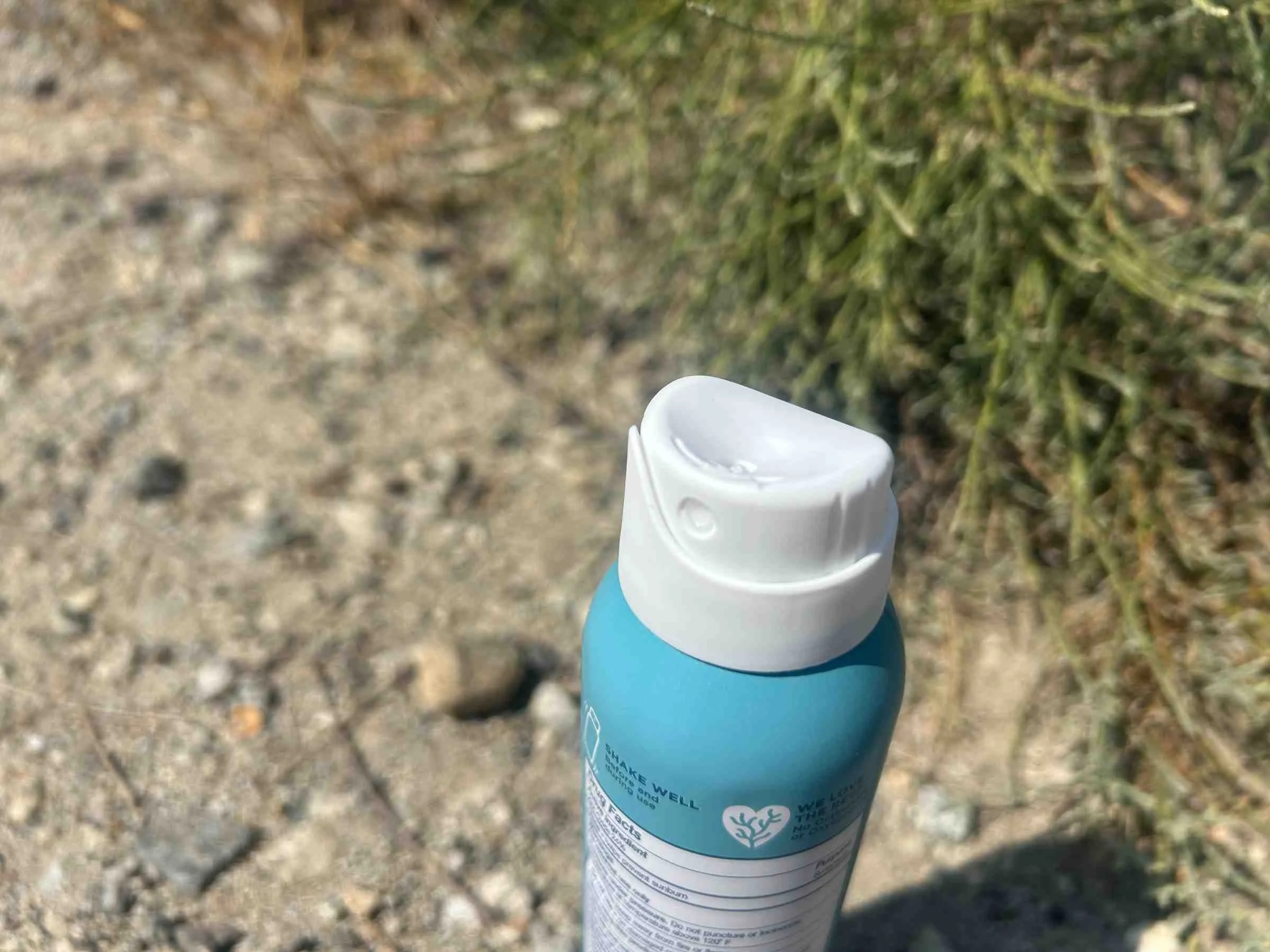  Close-up on the Blue Lizard Sport spray sunscreen nozzle, which doesn’t clog like some of the other mineral spray sunscreens we tested. 