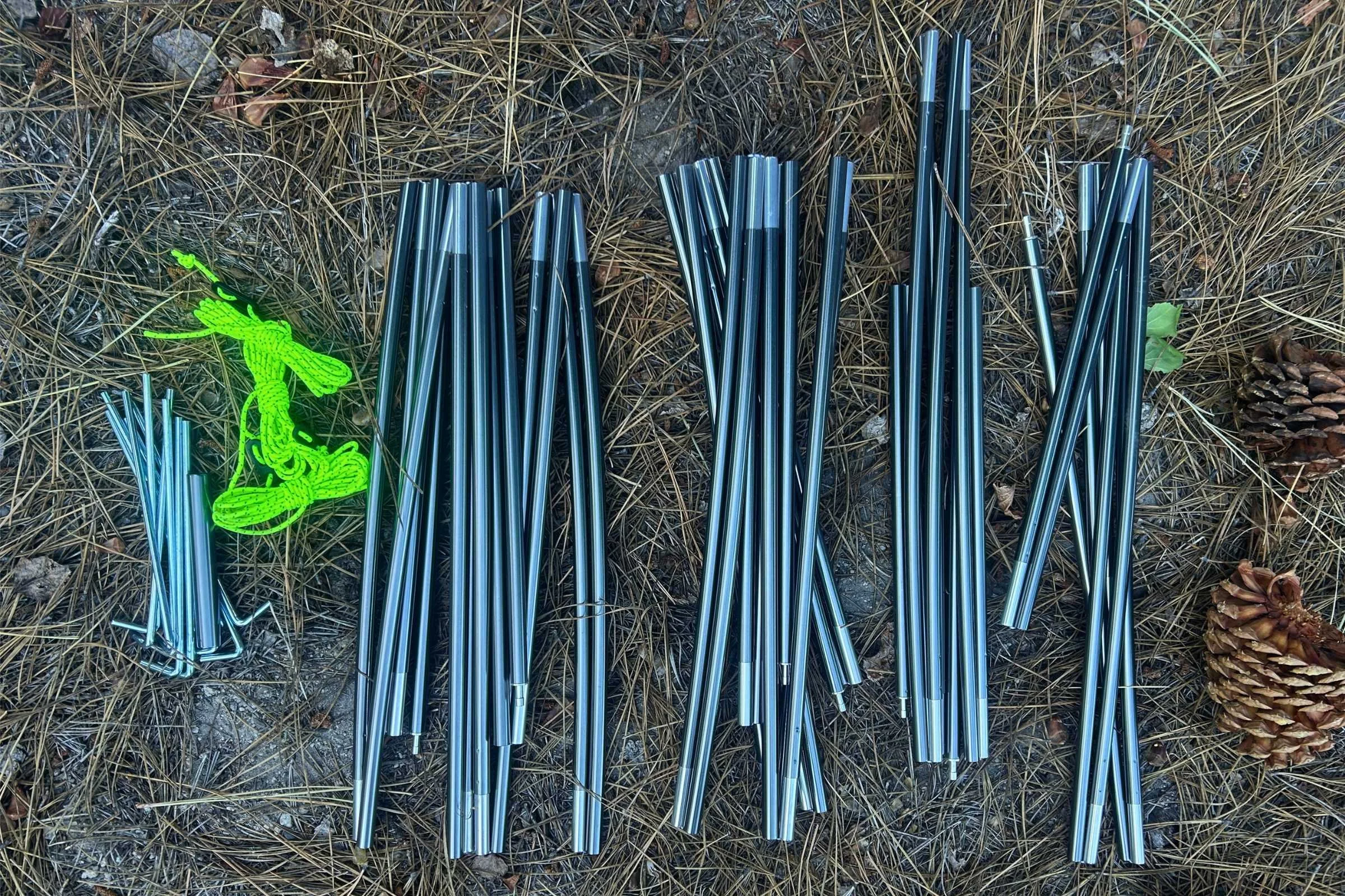 The poles and stakes for the NEMO Aurora Highrise camping tent