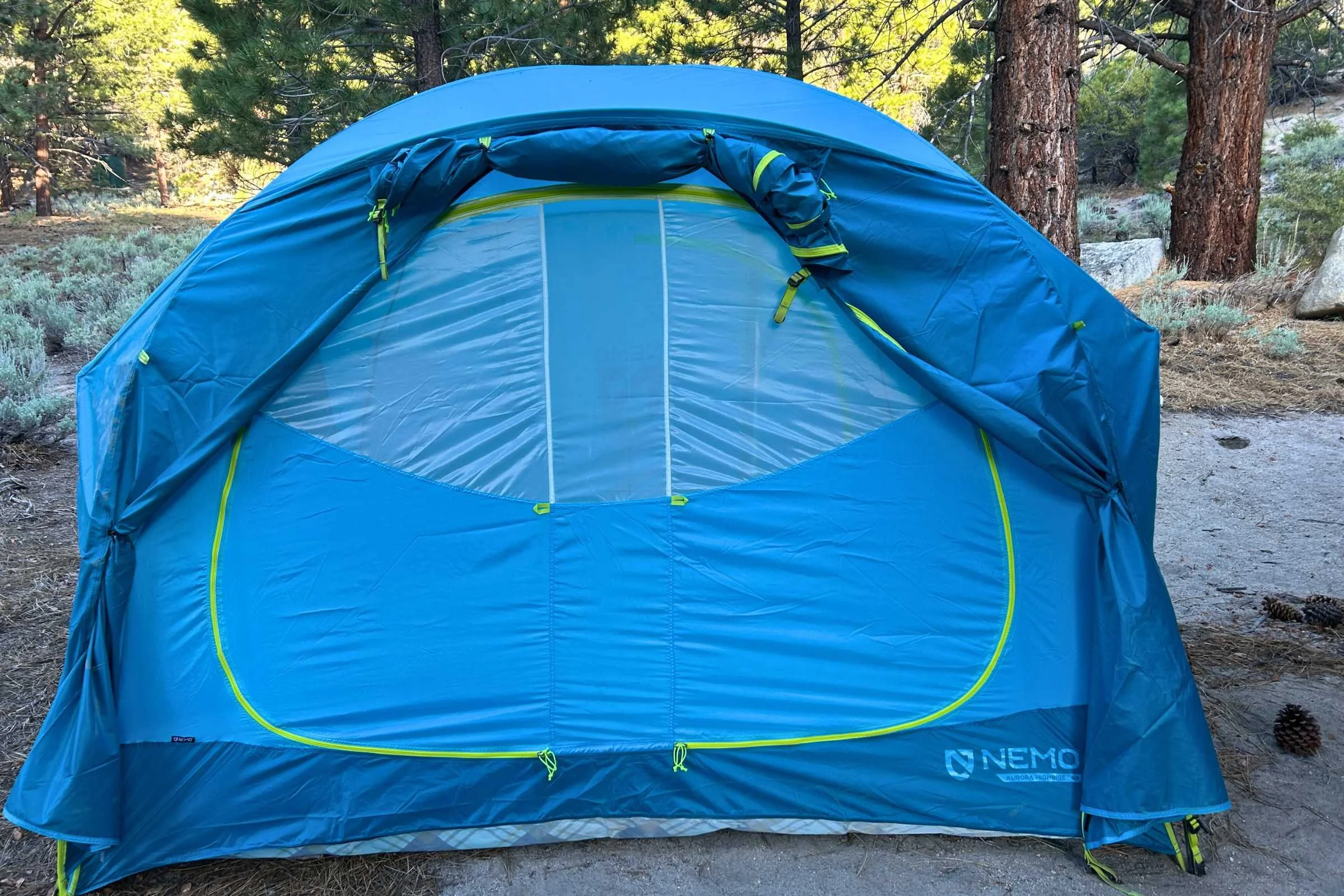 View of the closed door of the NEMO Aurora Highrise camping tent