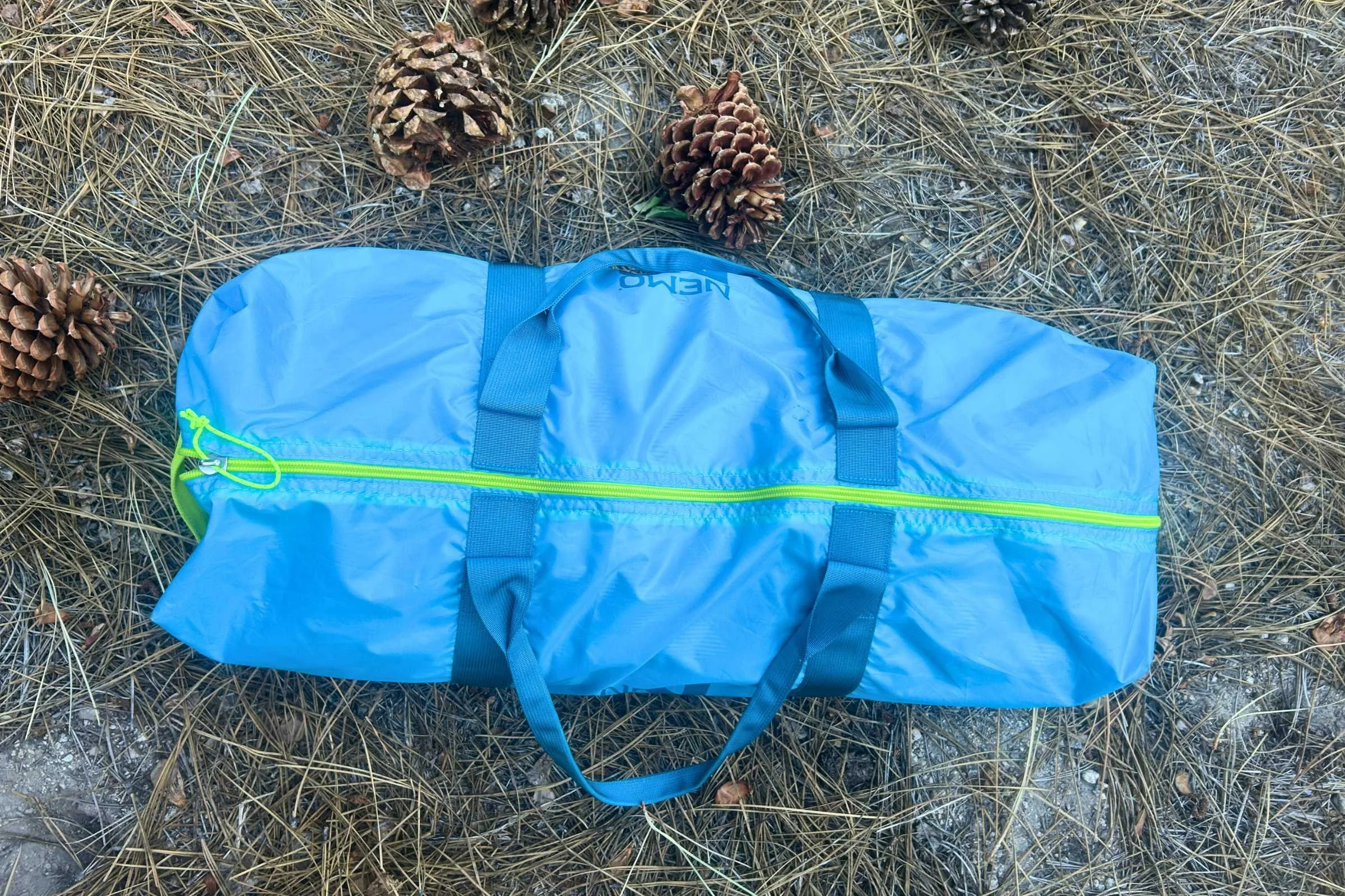 The NEMO Aurora Highrise camping tent packed up in it’s carrying case