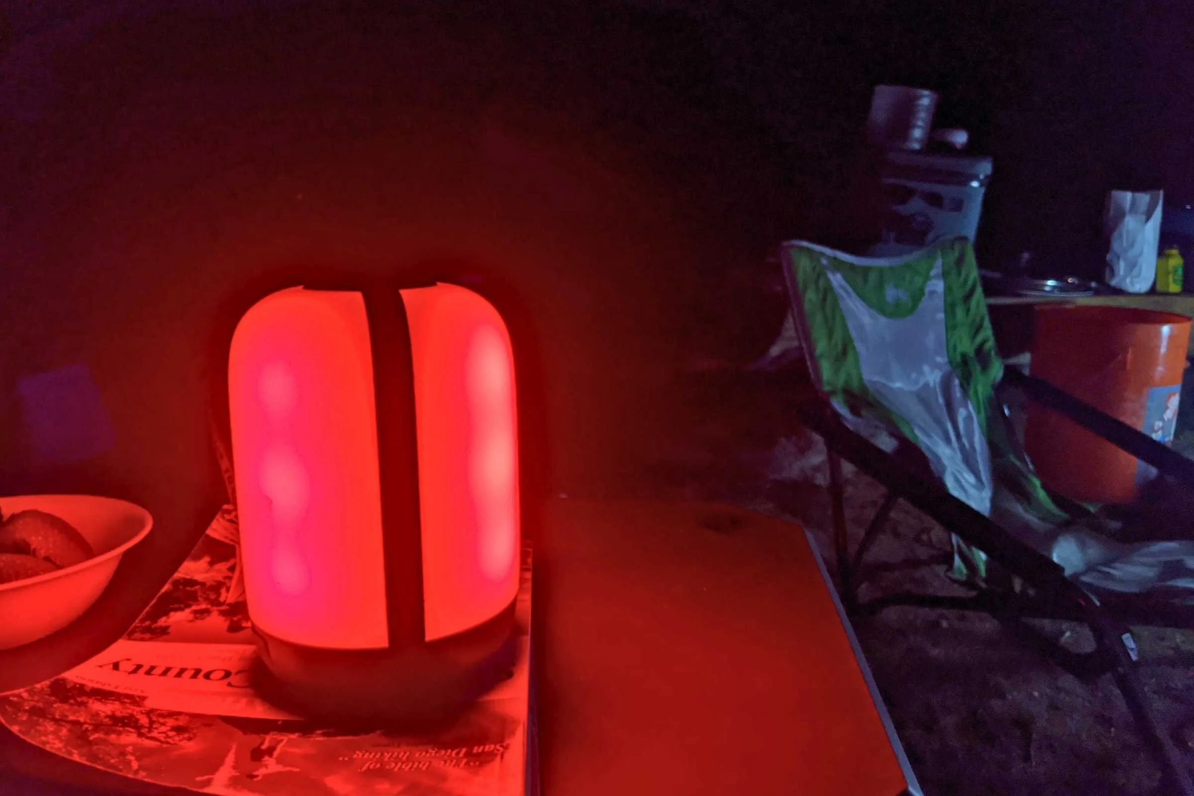 The BioLite AlpenGlow is one of very few lanterns we tested that comes with a red light mode. Most outdoors people prefer red lights because it helps campers preserve night vision and is less jarring to nearby campers. Photo by Liz Thomas.
