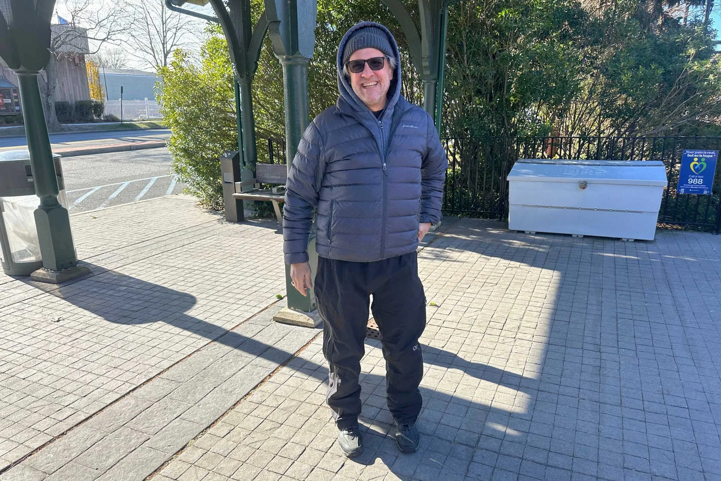 Front view of Outdoor Research Foray rain pants on Elliot’s dad