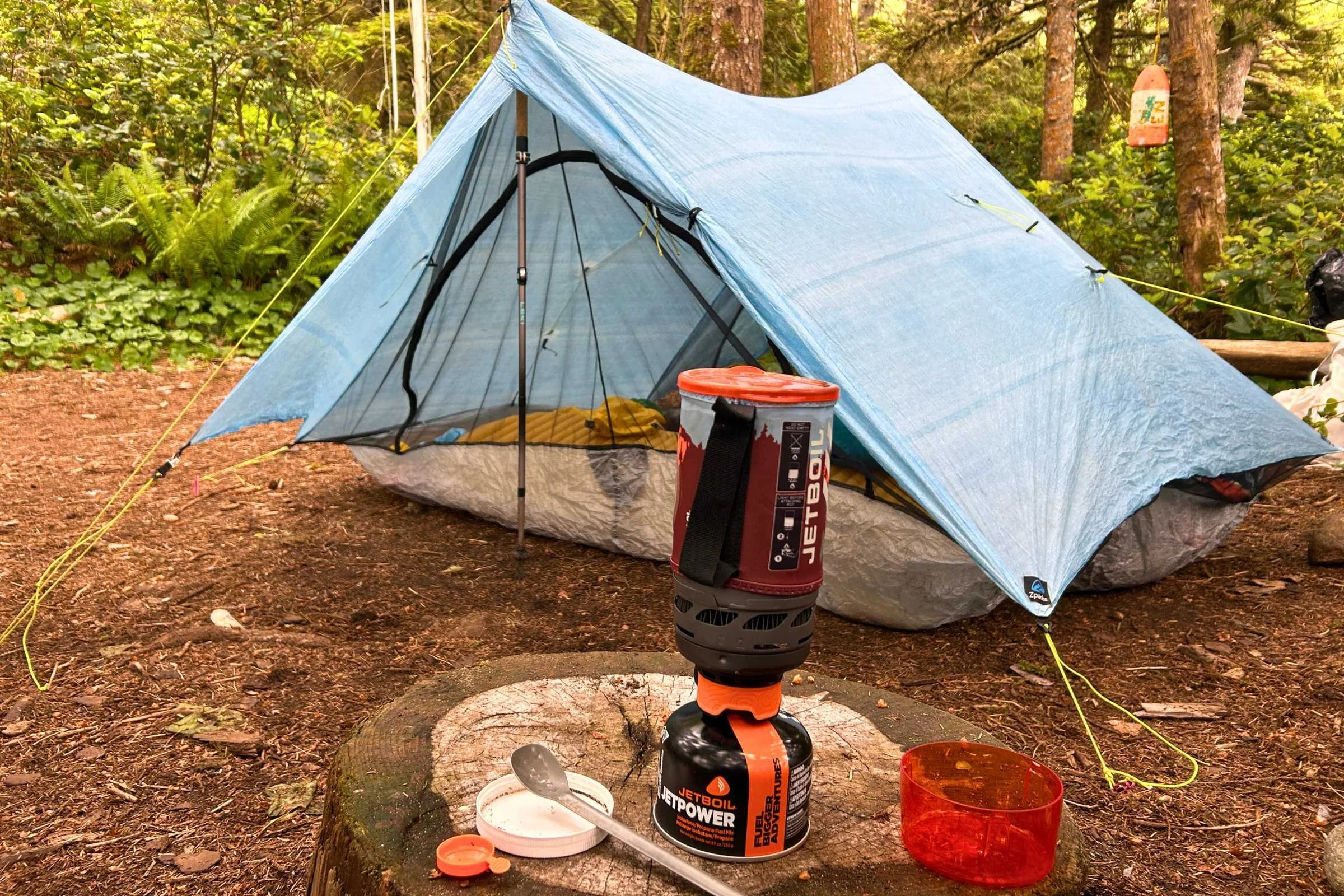 The Jetboil Flash 1.0 stove outside a tent