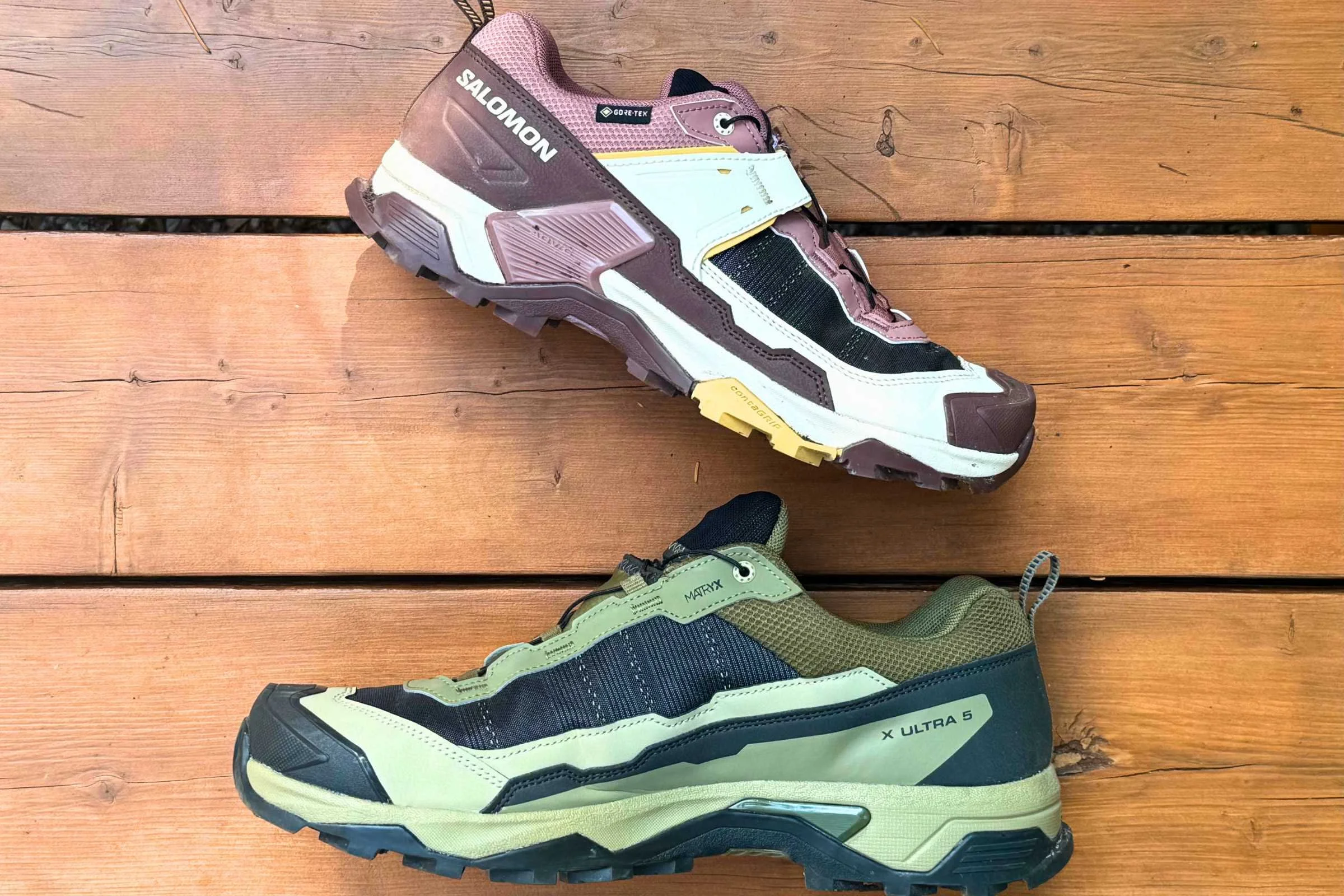 A side-by-side of the women’s and men’s versions of the X Ultra 5 GTX. Photo by Ebony Roberts
