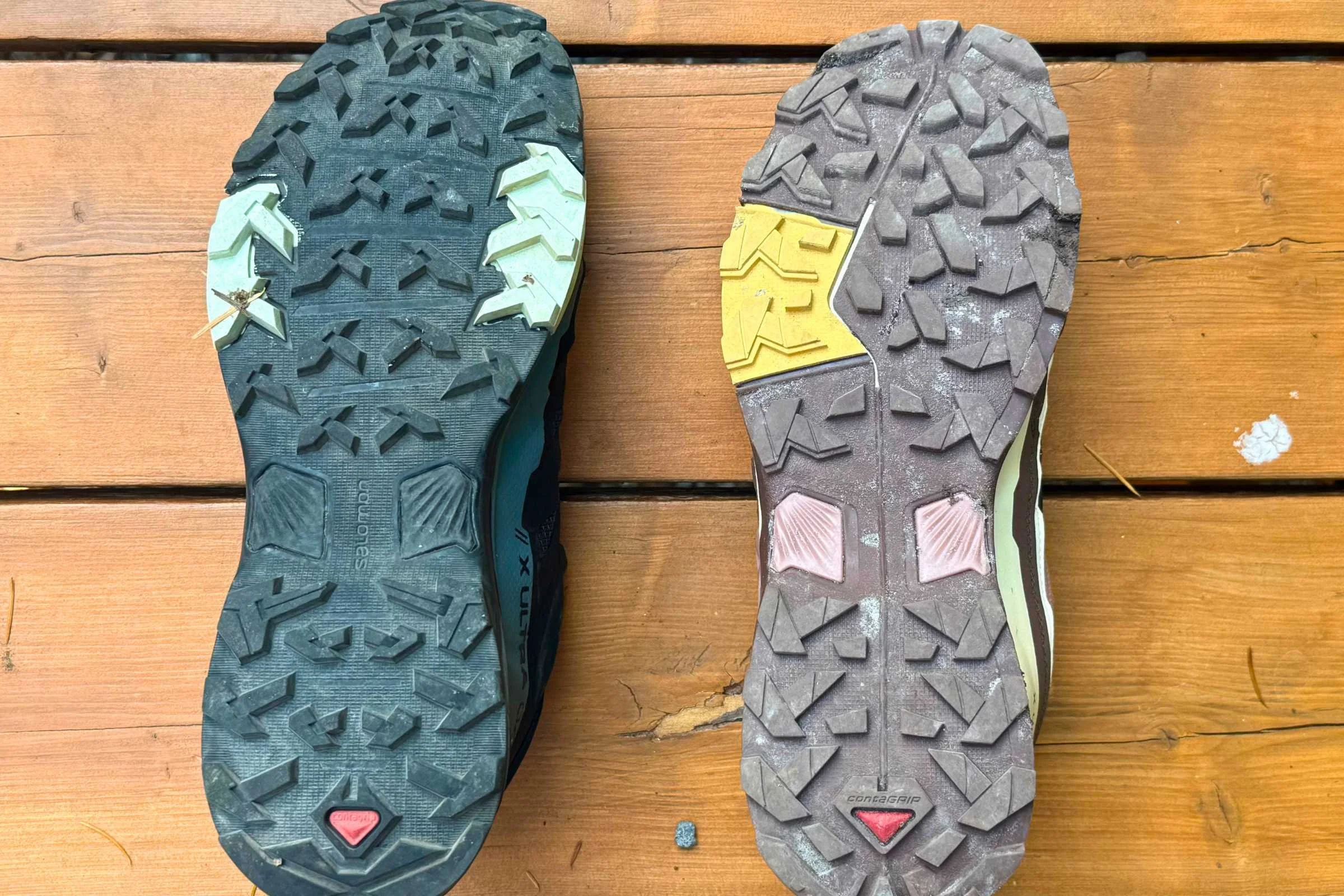 The sole of the X Ultra 4 on the left and the X Ultra 5 on the right — similar but slightly different tread patterns. Photo by Ebony Roberts