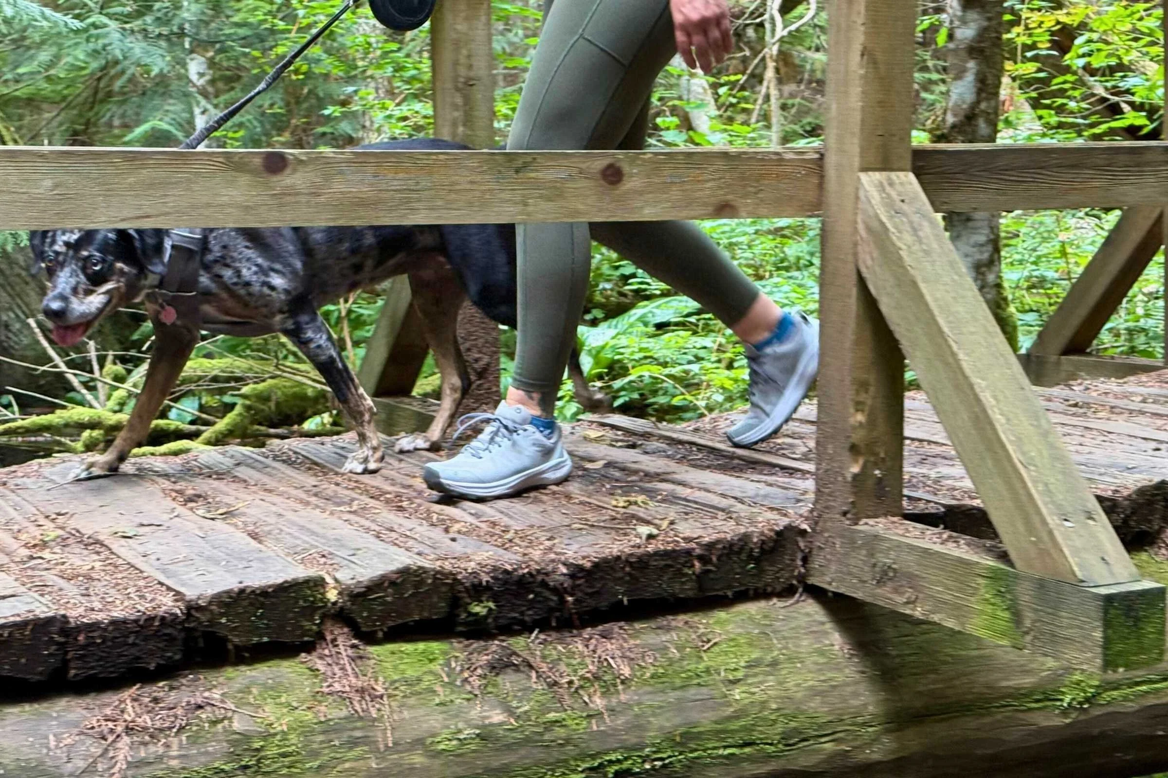 Testing the grip on a slick, algae-covered bridge . Photo by Steve Redmond