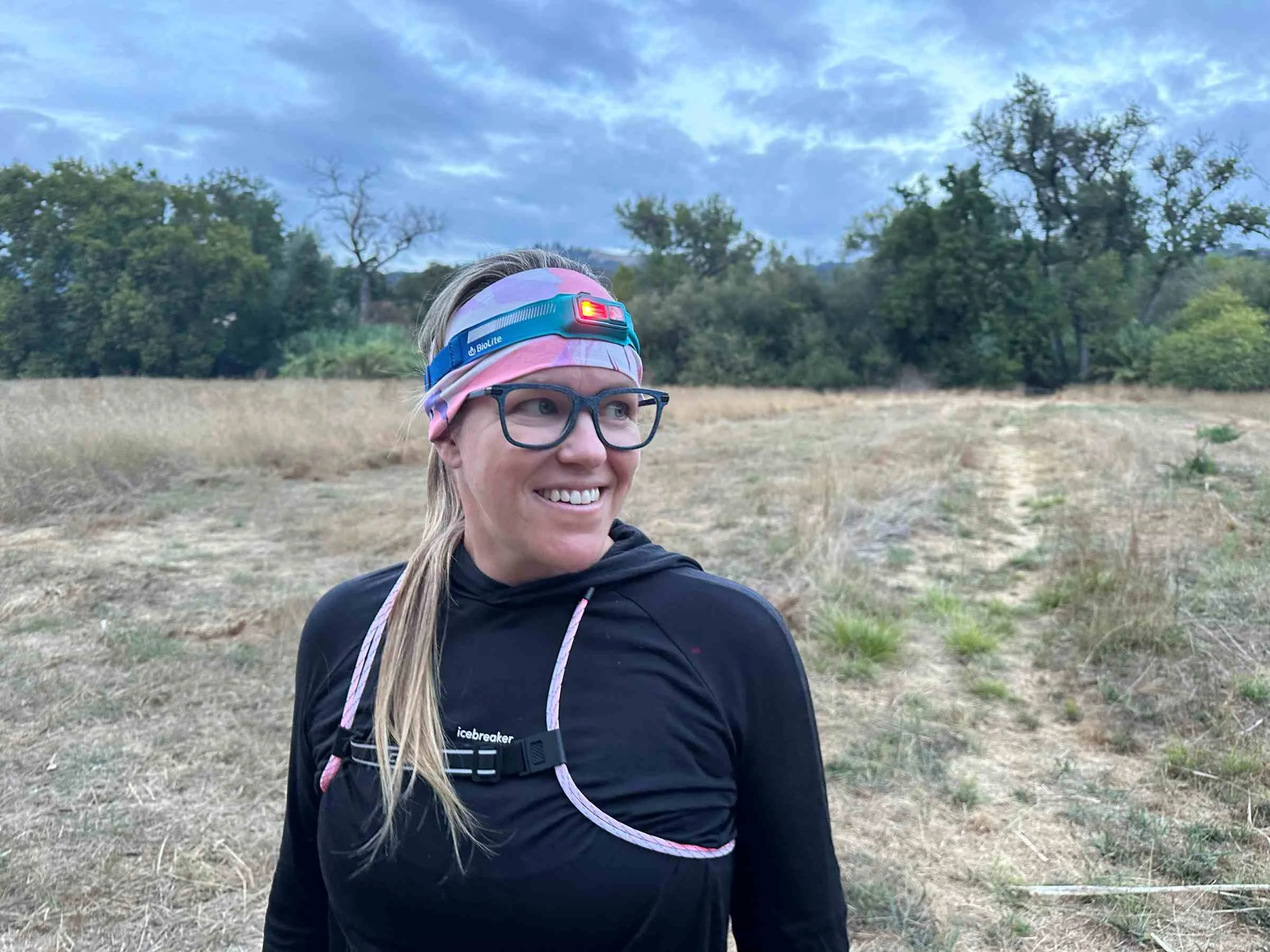Side view of the BioLite Dash headlamp showing the sweat-wicking headband.