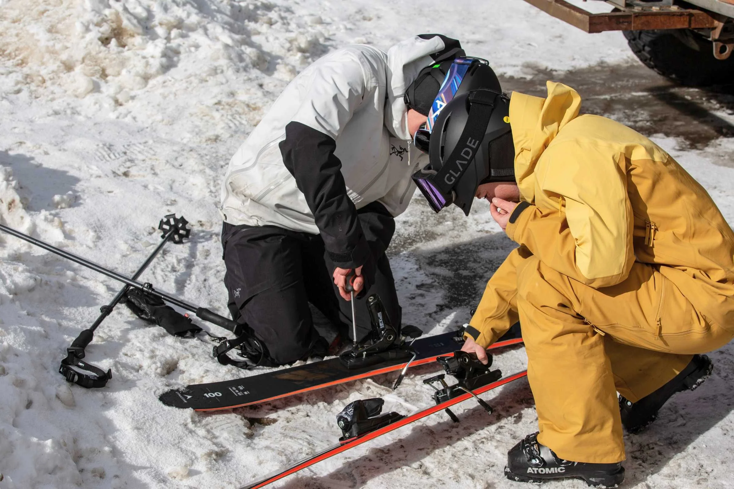   Our testers would often swap skis throughout the day to get good comparisons .  Photo by Tom Callaghan.  