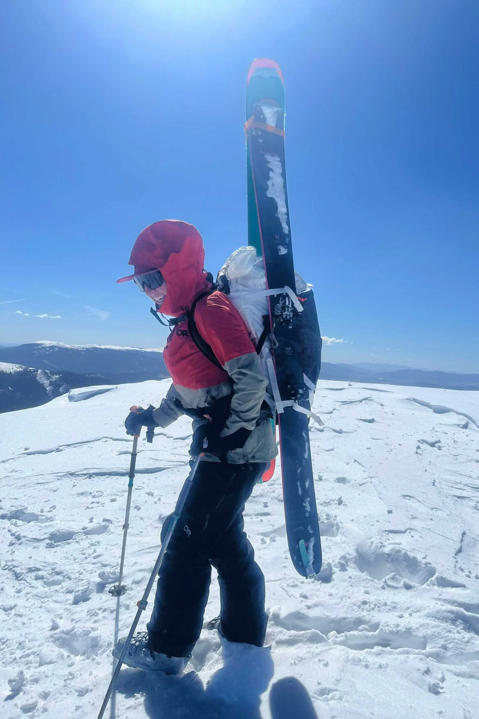   Treeline Review writer Stasia Stockwell backcountry skiing in the HMG Headwall 55 pack.   Photo courtesy Stasia Stockwell.  