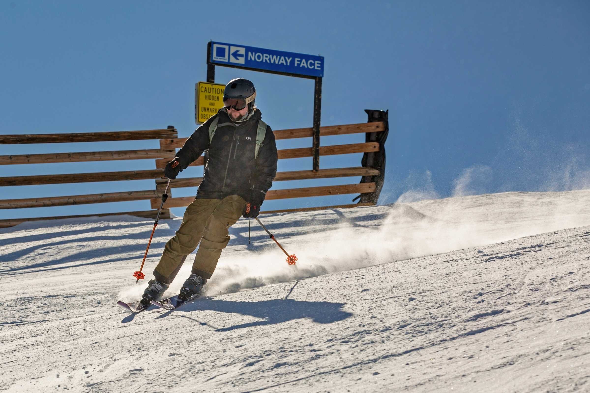   Treeline ski tester and contributing writer Chris Meehan testing the Salomon QST 94 at Arapahoe Basin.   Photo by Tom Callaghan.  