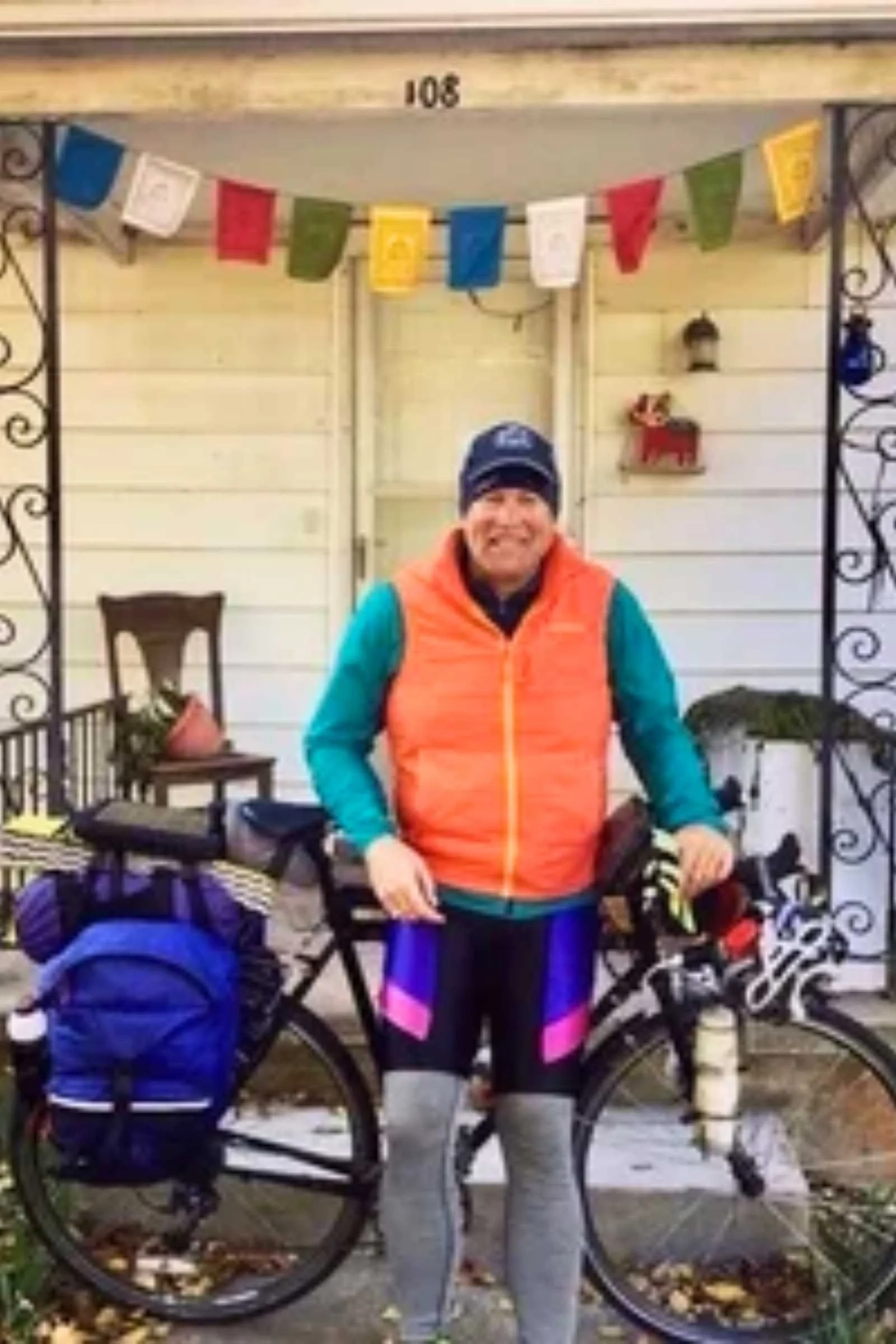   Treeline Review editor Brandon Lampley bike touring across the country in October in the vest version of the Patagonia Nano Air.   Photo courtesy Brandon Lampley.  