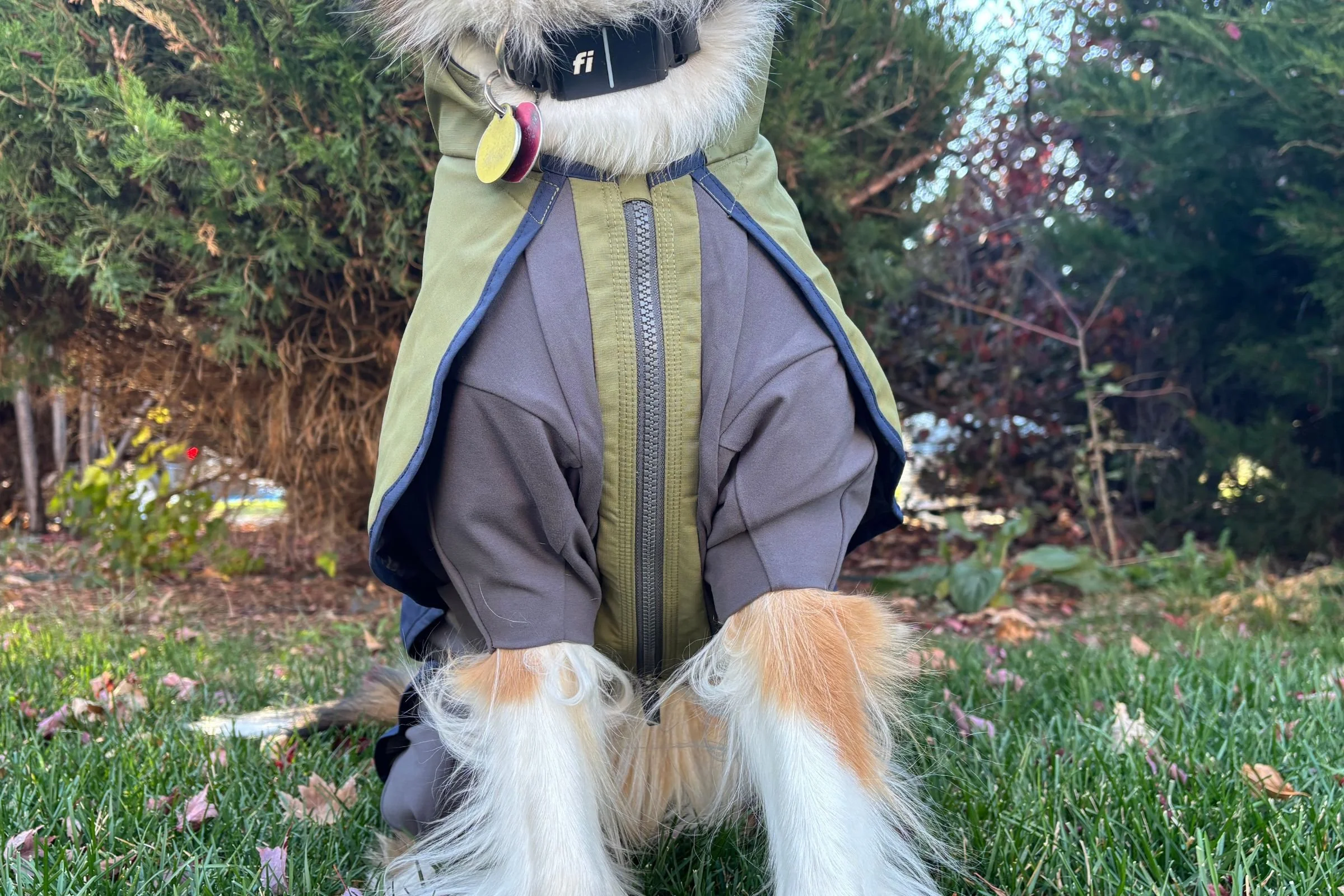   Chest view of the Ruffwear Sun Shower Coverall Dog Rain Suit  