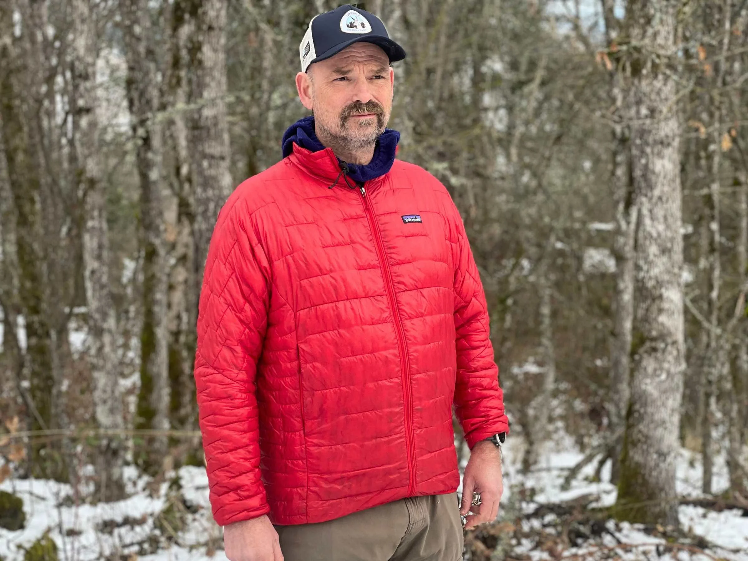   Treeline Review writer Mike Unger wearing the Patagonia Micropuff on a cold, snowy day in the Columbia River Gorge. Notice the diamond quilting pattern on the sleeves and the horizontal quilting on the torso.   Photo by Naomi Hudetz.  
