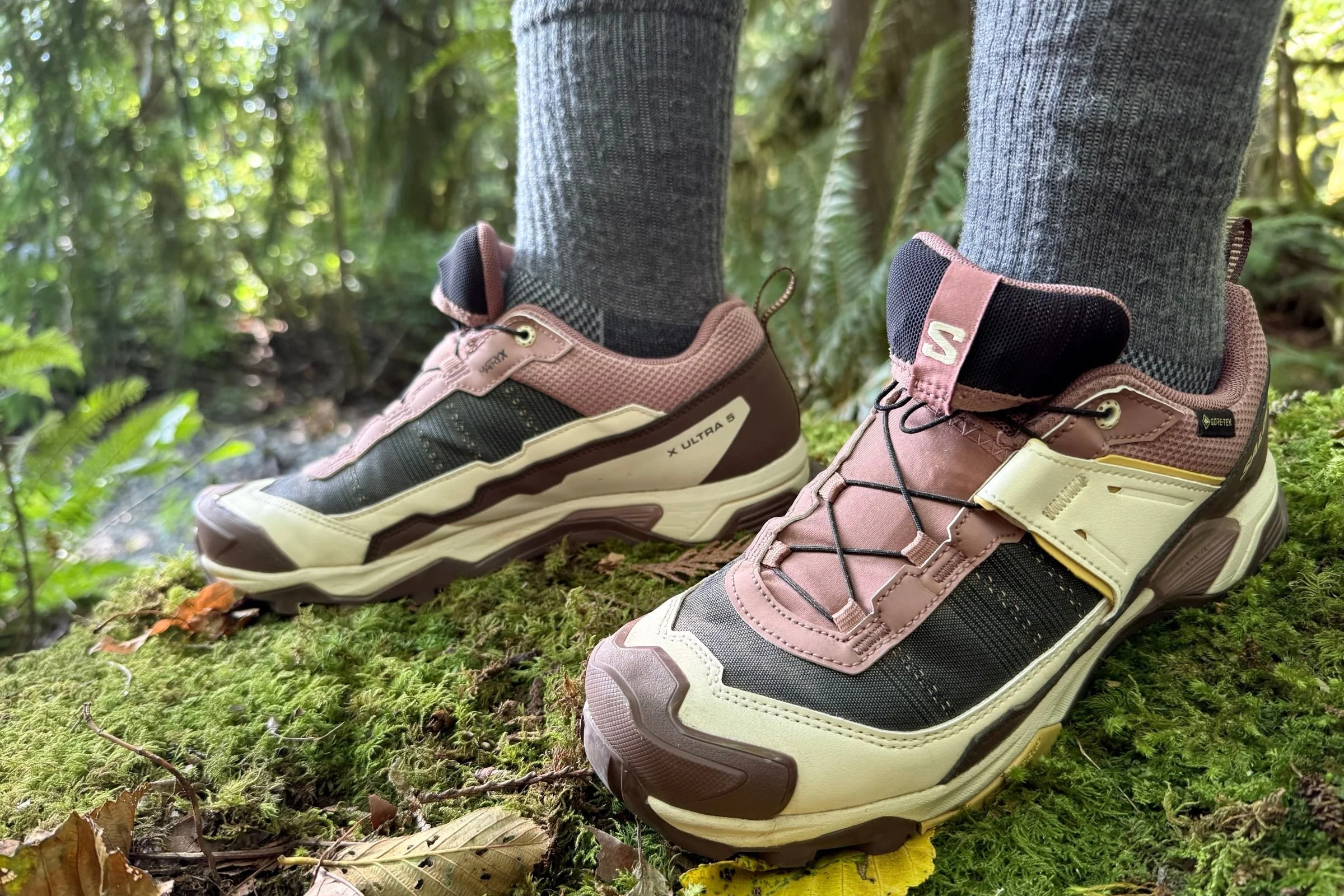 Salomon X Ultra 5 GTX women's hiking shoes being tested on trail