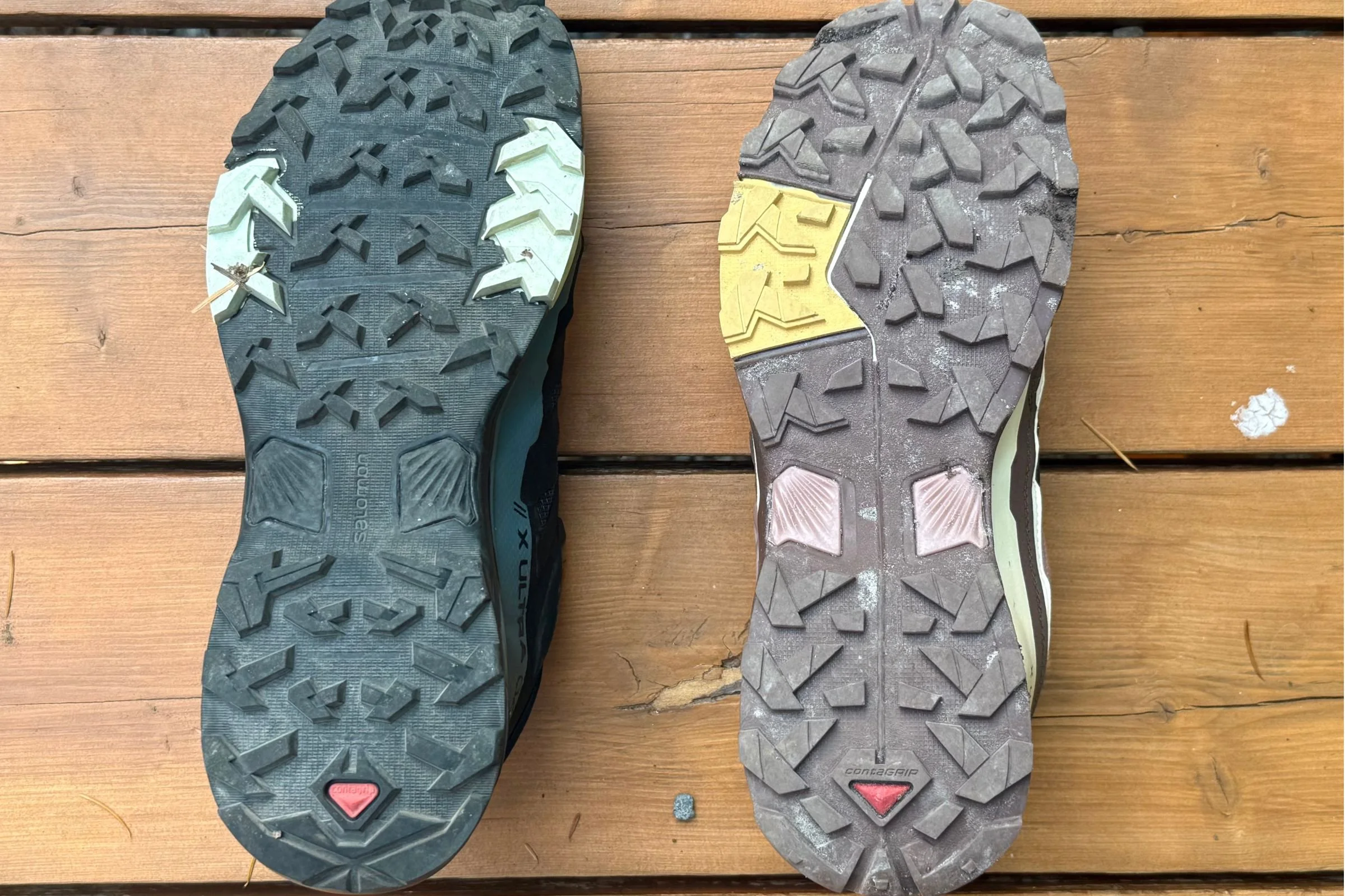   The sole of the X Ultra 4 on the left and the X Ultra 5 on the right — similar but slightly different tread patterns.   Photo by Ebony Roberts  
