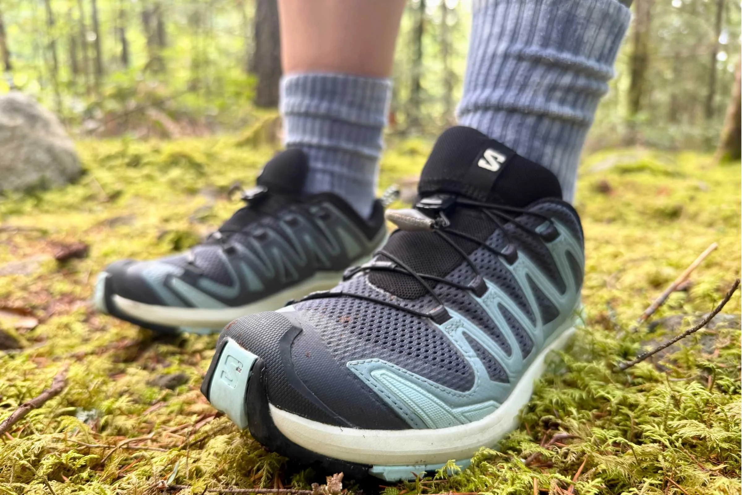   A bit puffier than sleeker shoes, but undeniably Salomon. The rubber toe cap takes the sting out of rock and root strikes.   Photo by Steve Redmond  