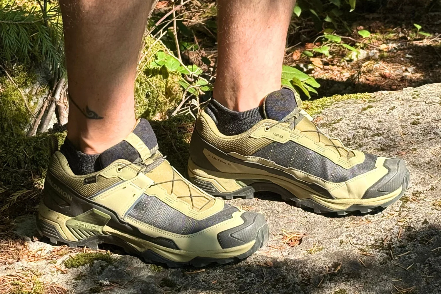 Salomon X Ultra 5 GTX hiking shoes being tested on trail
