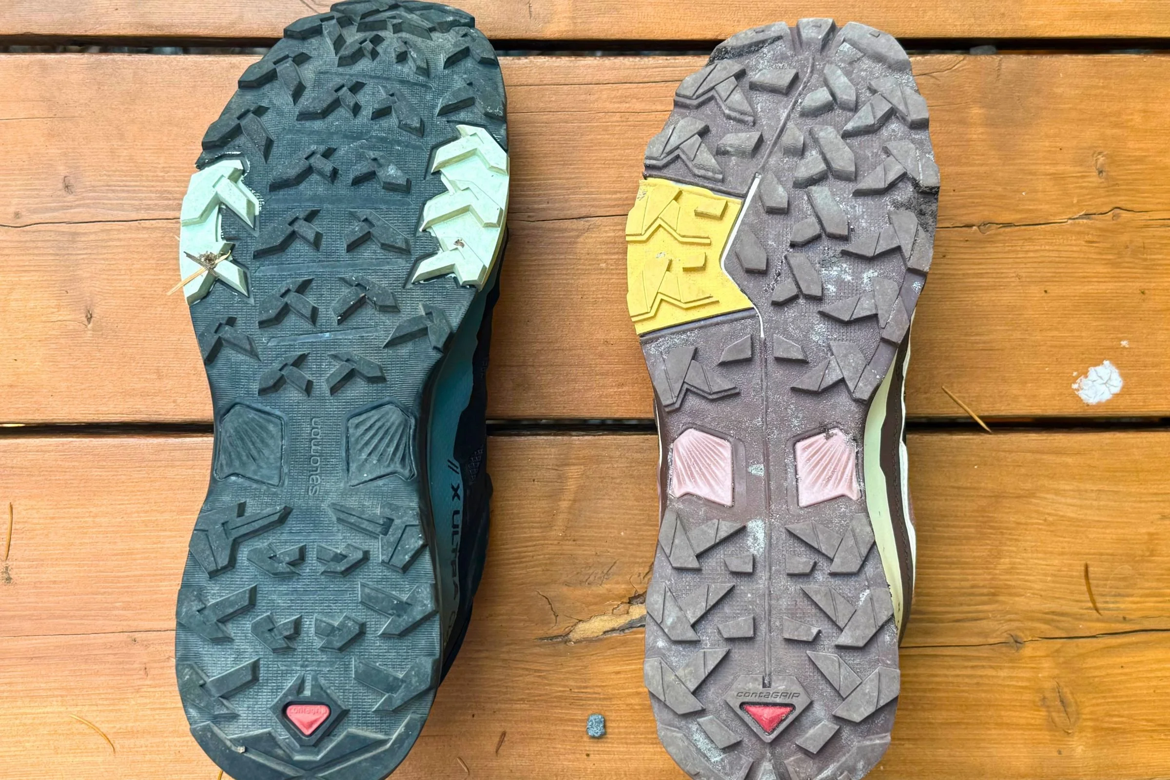   The sole of the X Ultra 4 on the left and the X Ultra 5 on the right — similar but slightly different tread patterns.   Photo by Ebony Roberts  