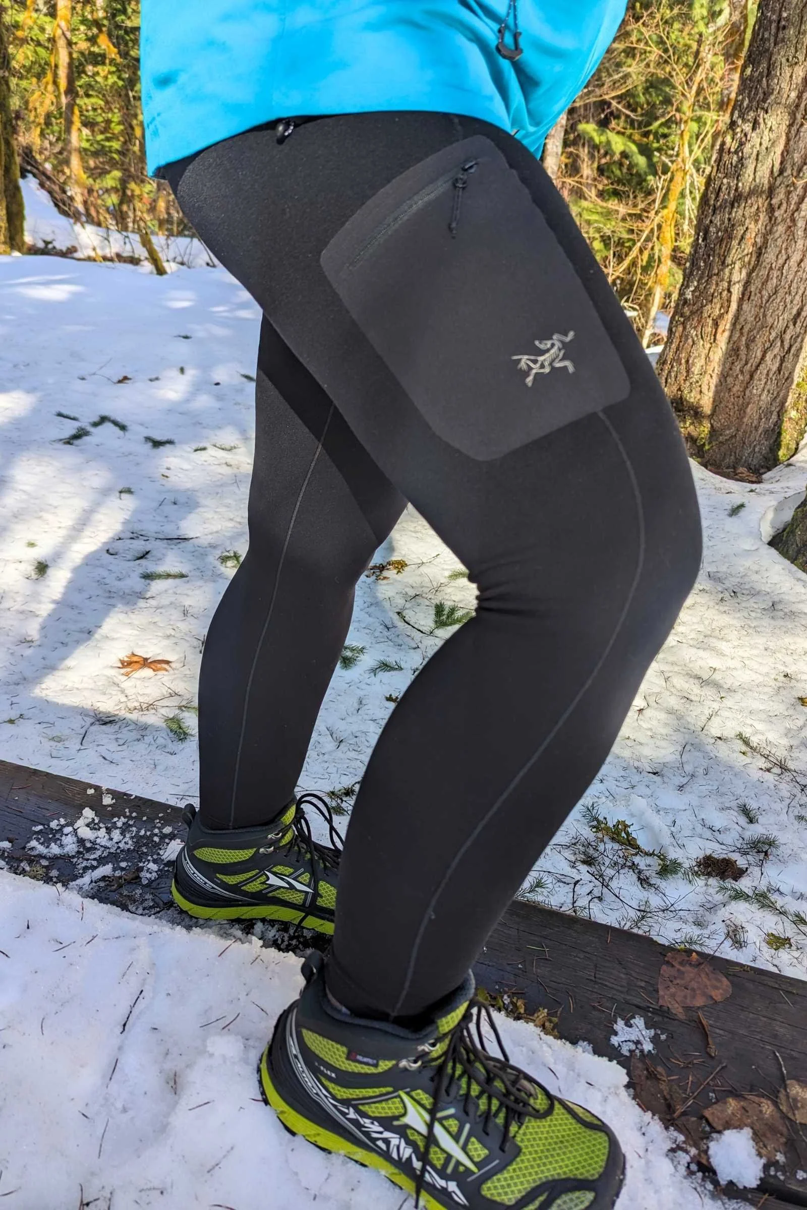  Close up of the side pocket on the  Arc’teryx Rho Heavyweight bottoms  
