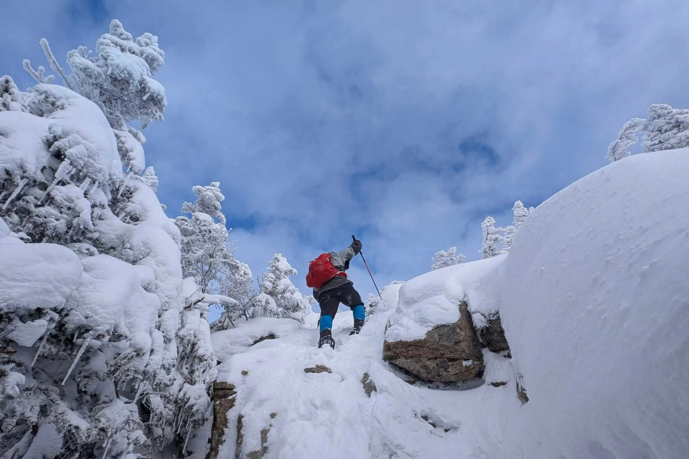   The Outdoor Research Crocodile Classic gaiters were warm and waterproof, and just what was needed for breaking trail through deep snow.   Photo by Eric Hansen.  