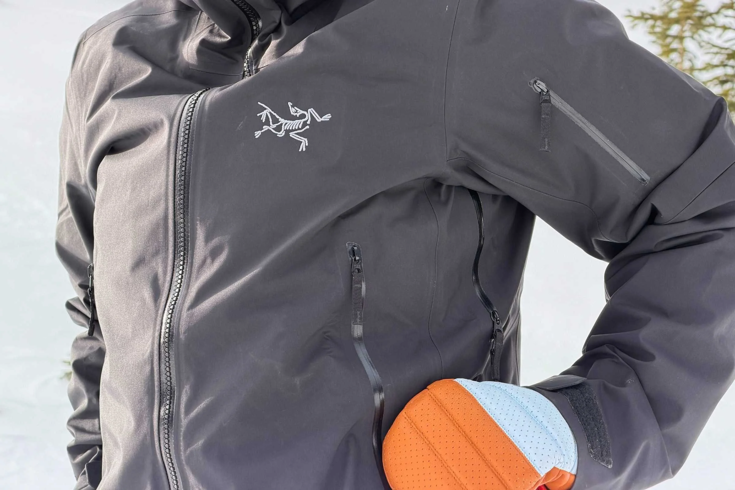   Close up of the chest of the Arc’teryx Sentinel jacket  