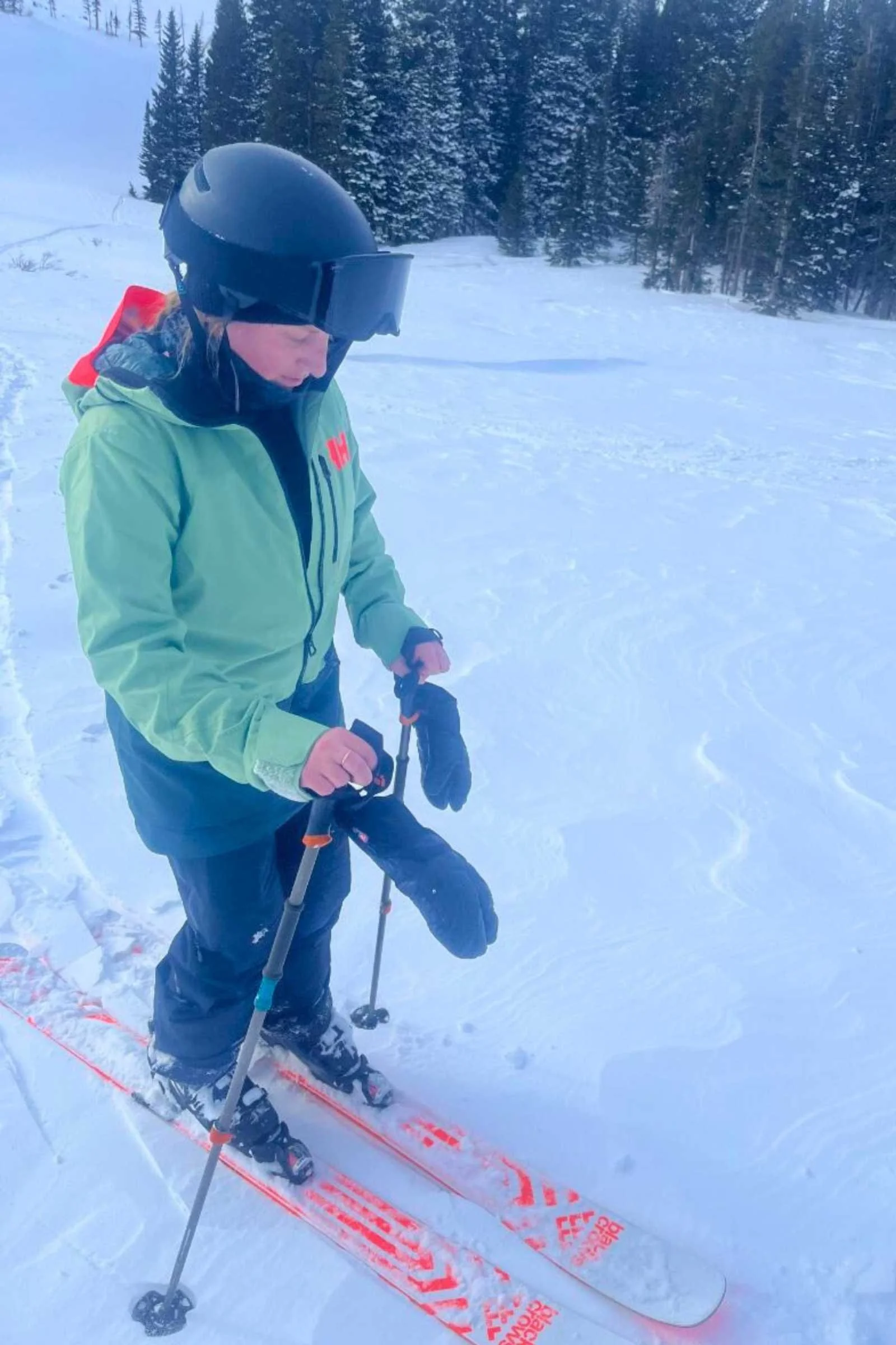   Close up on the Helly Hansen Whitewall ski jacket, which is surprisingly not bulky despite being insulated.   
