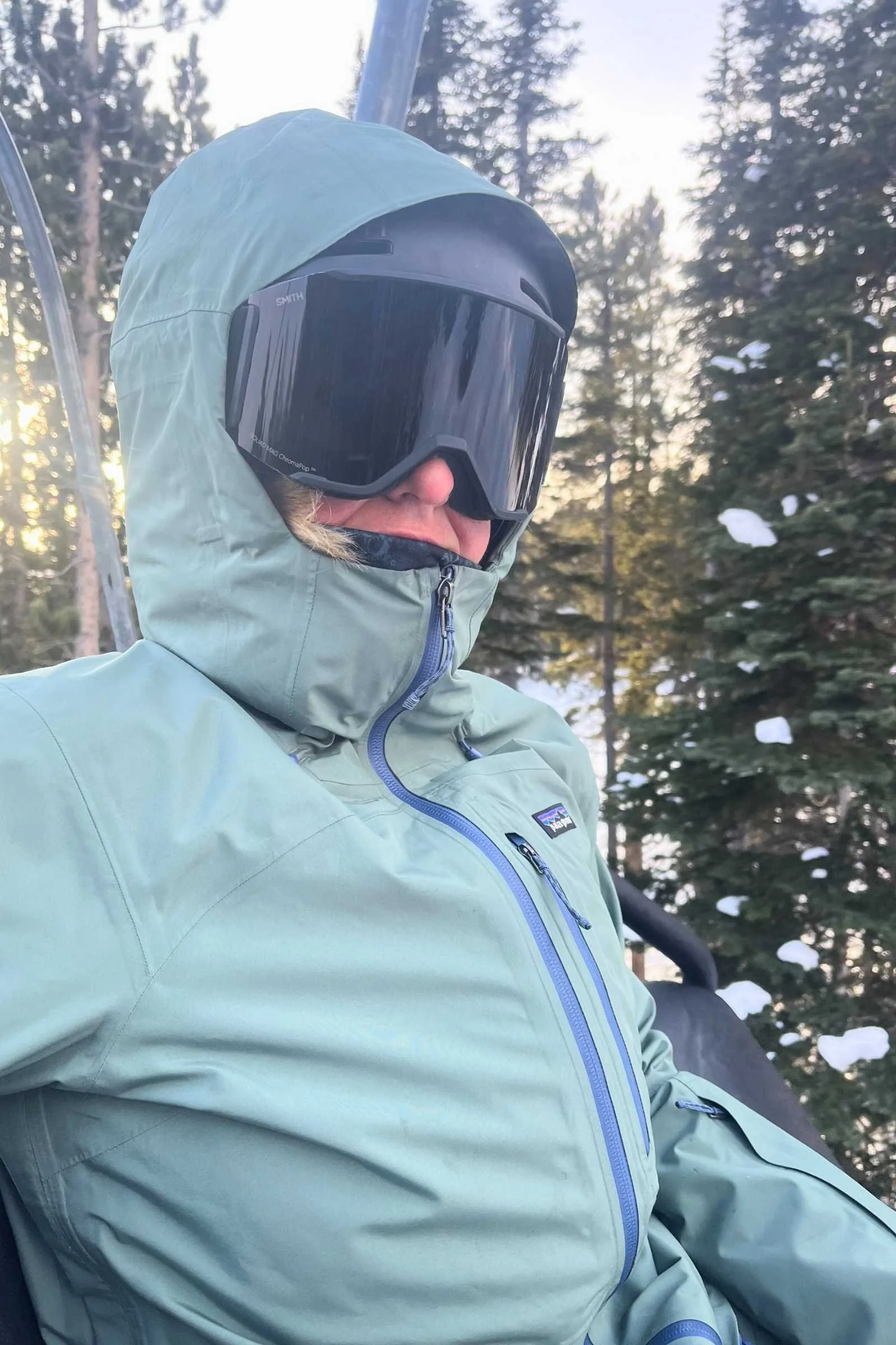   The author testing the Patagonia Powder Town ski jacket on a resort day in Breckenridge, Colorado.  