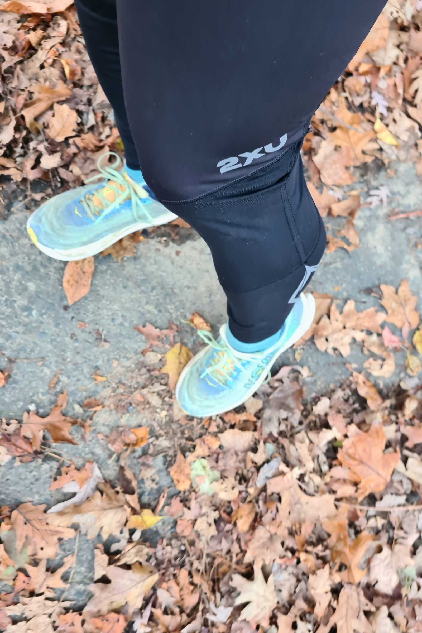   The 3 pieces of the 2XU Ignition Shield Compression Tights may not sit in comfortable places for shorter runners.   Photo by Aubri Drake.&nbsp;  