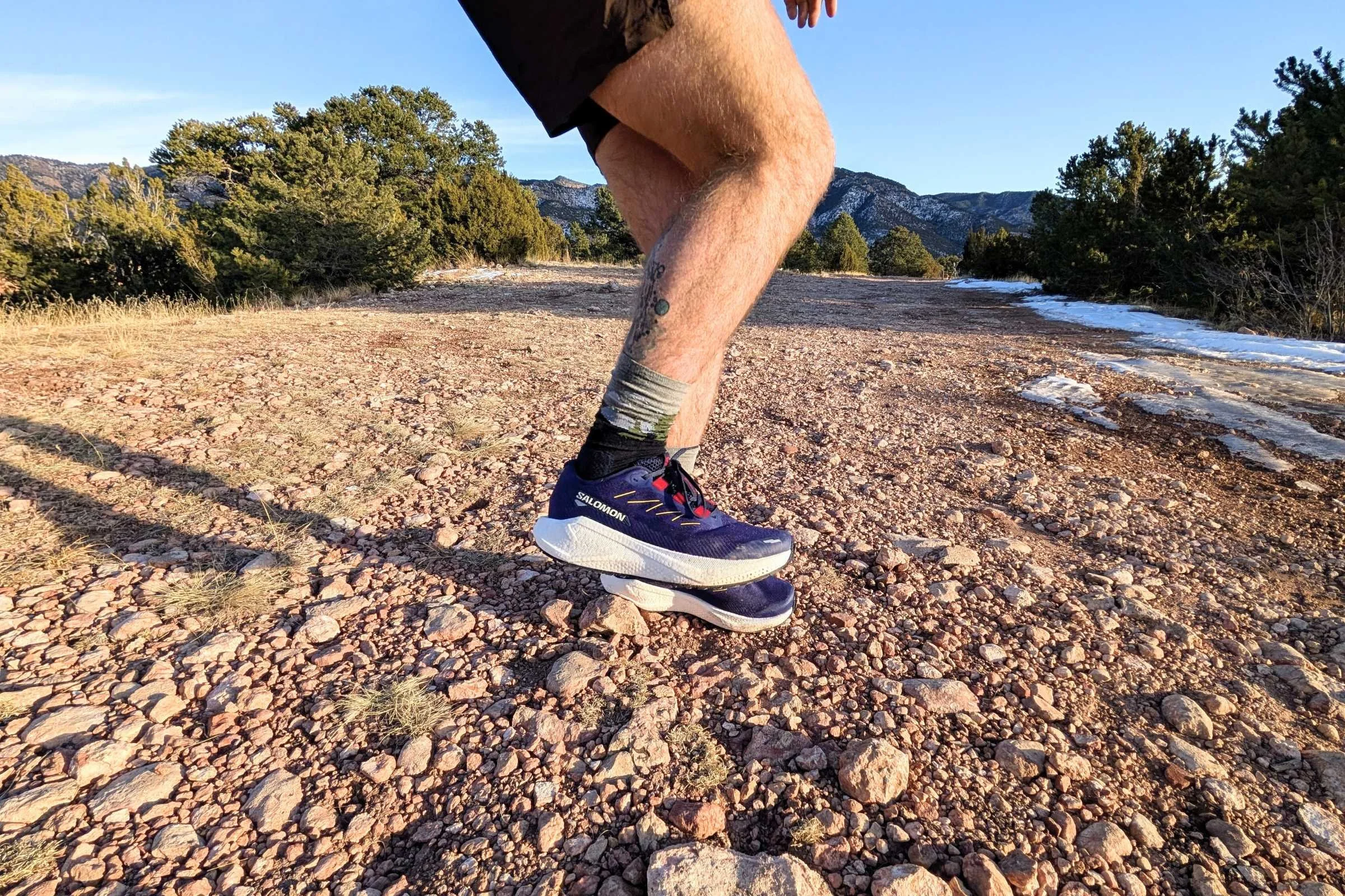   Close-up of Salomon Aero Blaze GRVL shoes during a gravel run.  