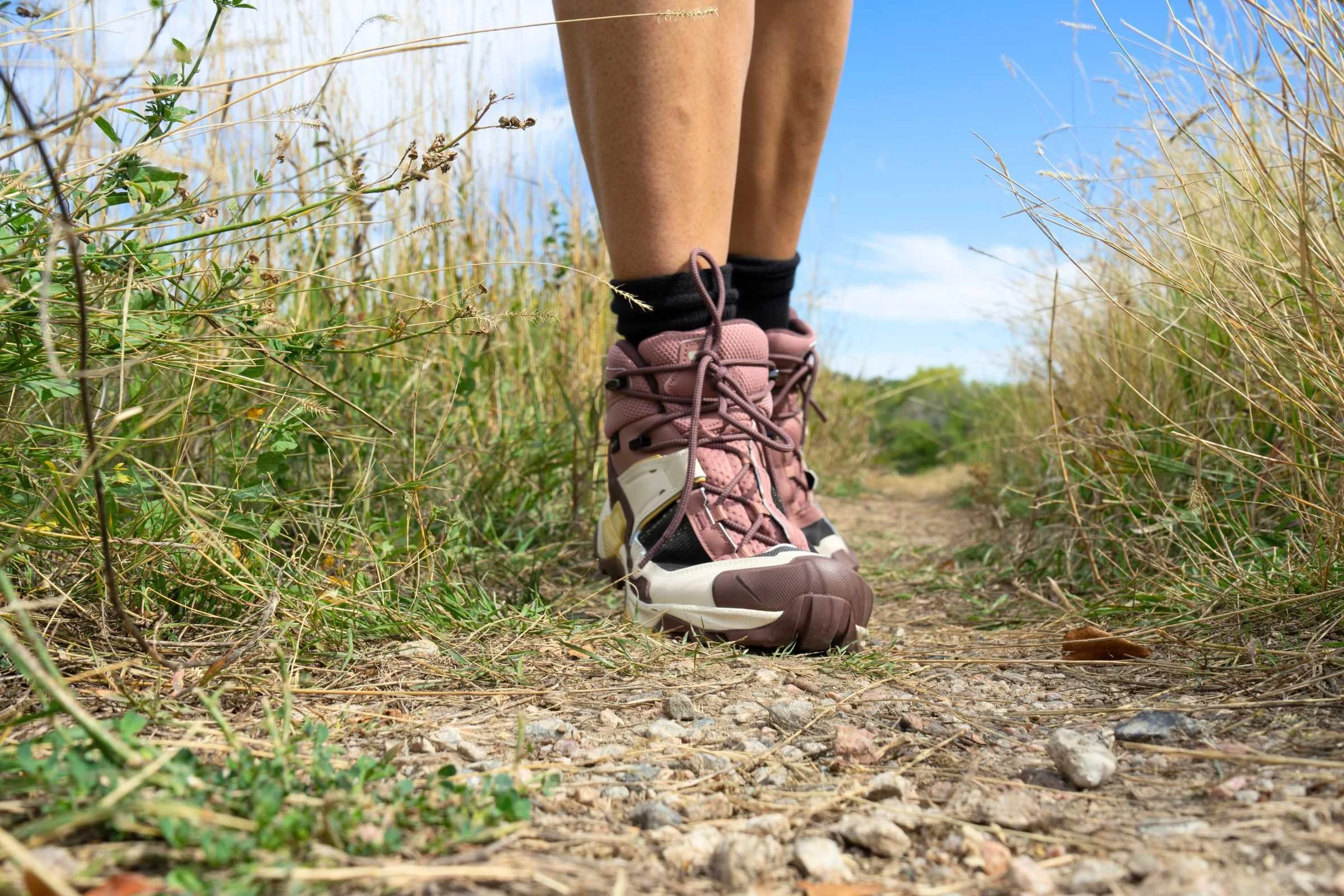   Front view of Salomon X Ultra 5 GTX boots on a hiker   