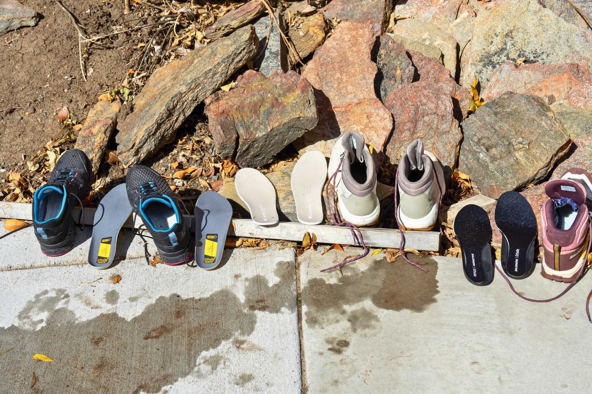   Top view of wet hiking boots being tested for waterproofness  