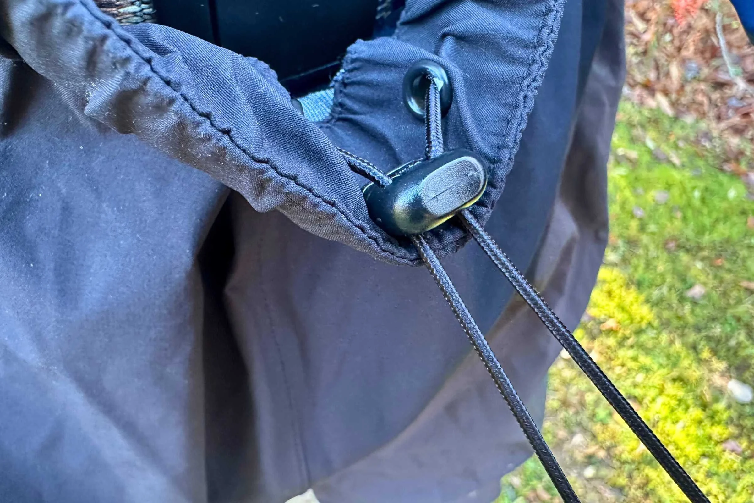   Close-up of the adjustable drawstring waistband of the Outdoor Research Foray 3L rain pants.  
