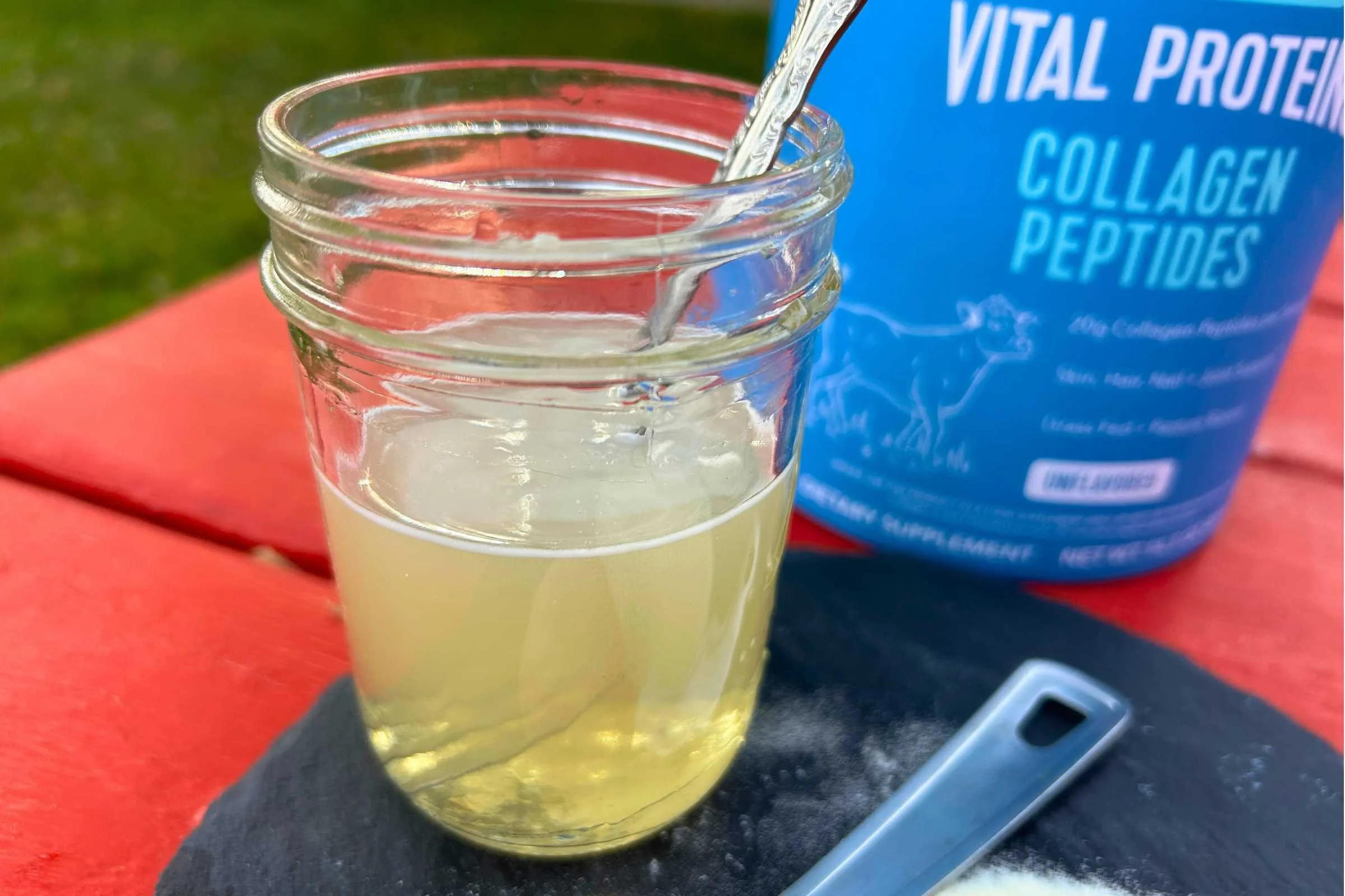   Glass of dissolved Vital Proteins Collagen Peptides before stirring  