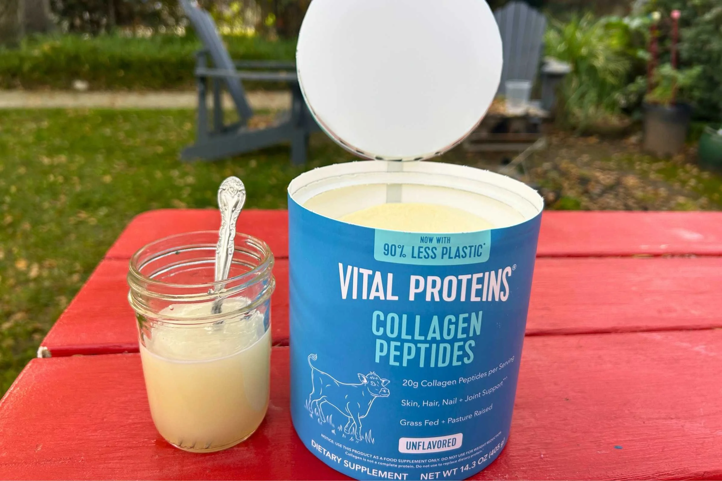   Vital Proteins Collagen Peptides container with prepared collagen drink  