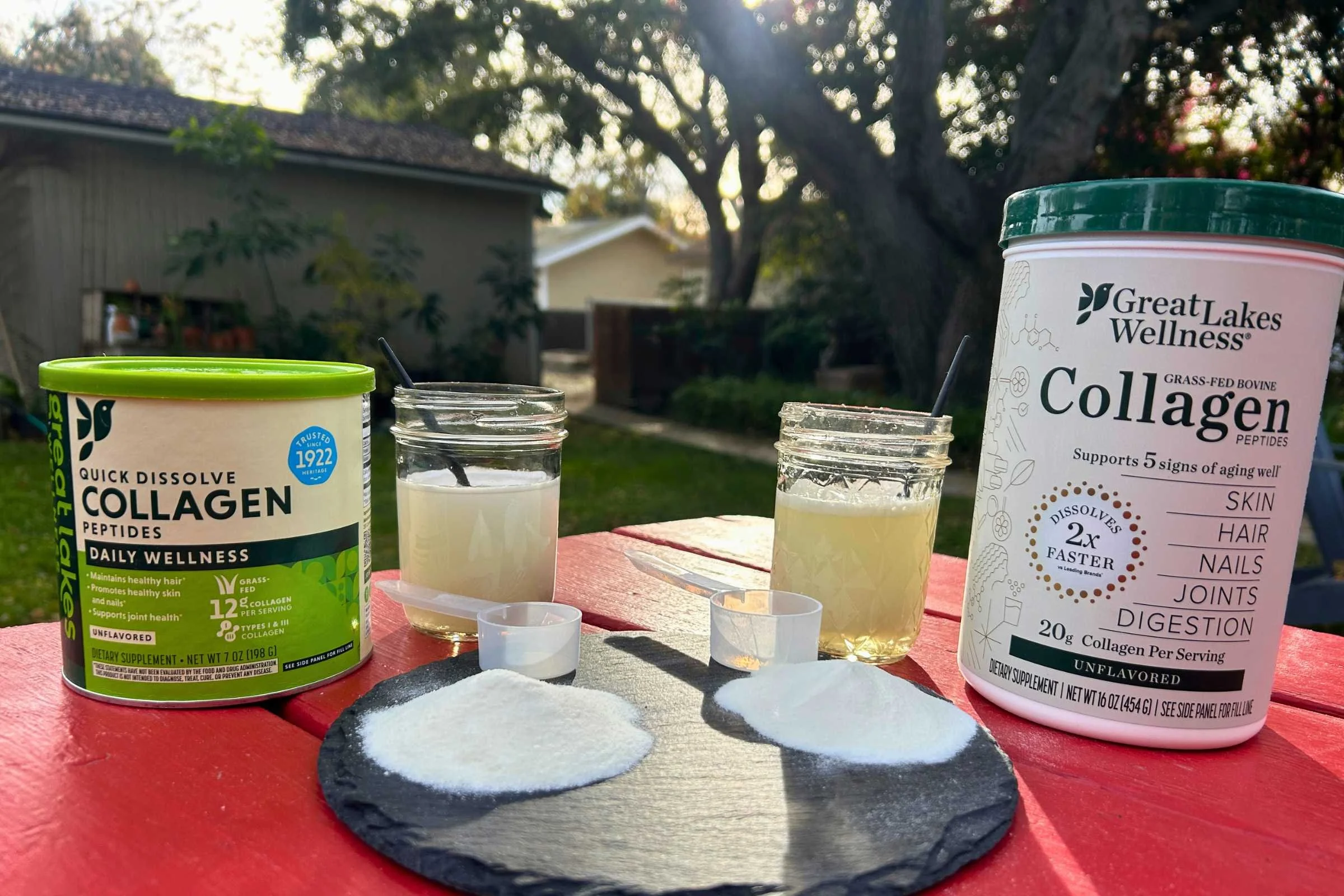  Great Lakes Wellness Collagen Peptides powder and mixed drink outdoors  