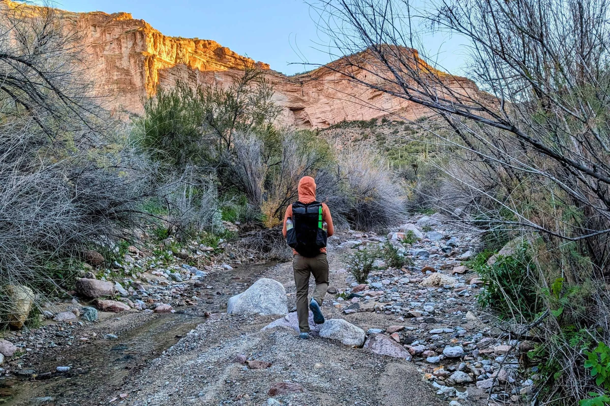   Hiking a canyon in Arizona on a backpacking trip while wearing the Timps.  