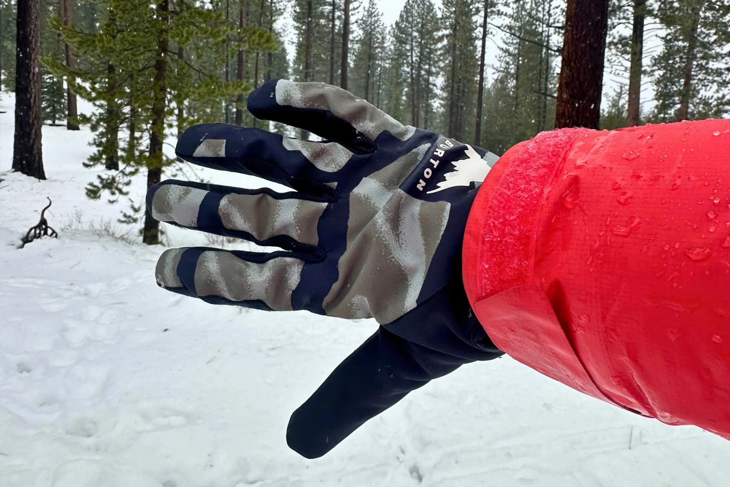   Burton Park Glove on a rainy day with drops forming on the outside of the gloves.   Photo courtesy Sara Kruglinski.  