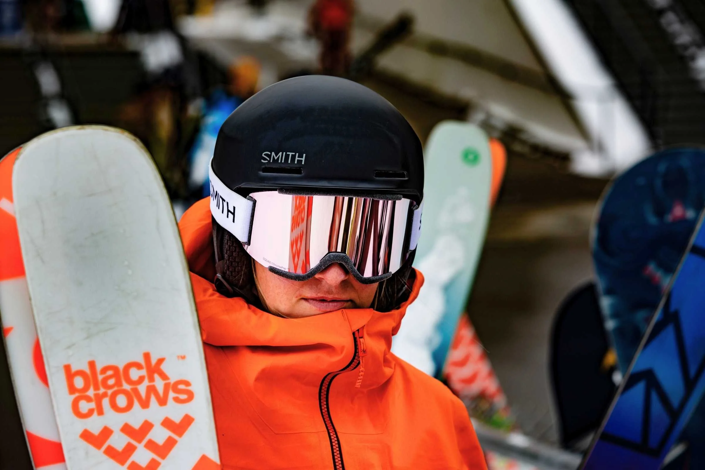   The author putting the wide, high coverage collar of the Hemispheres jacket to use on a powder day.   Photo by Tom Callaghan.  