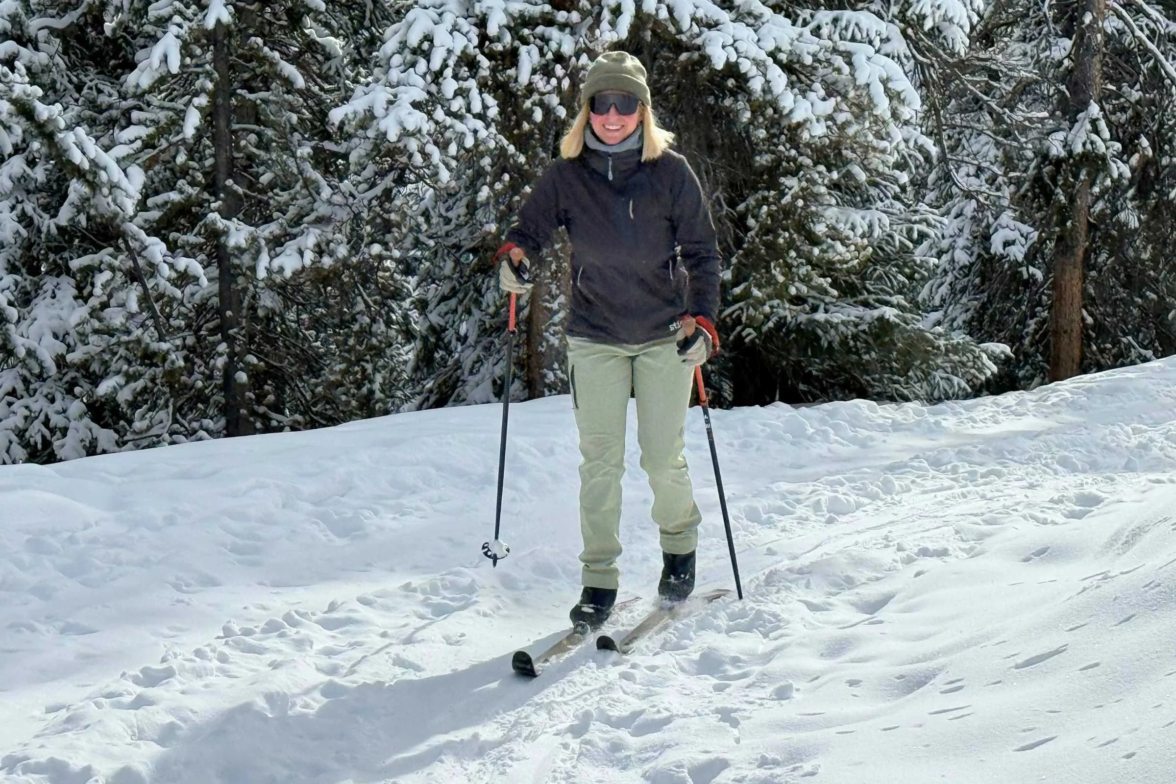   Full view of Stio Pinedale pants during cross-country ski tour  