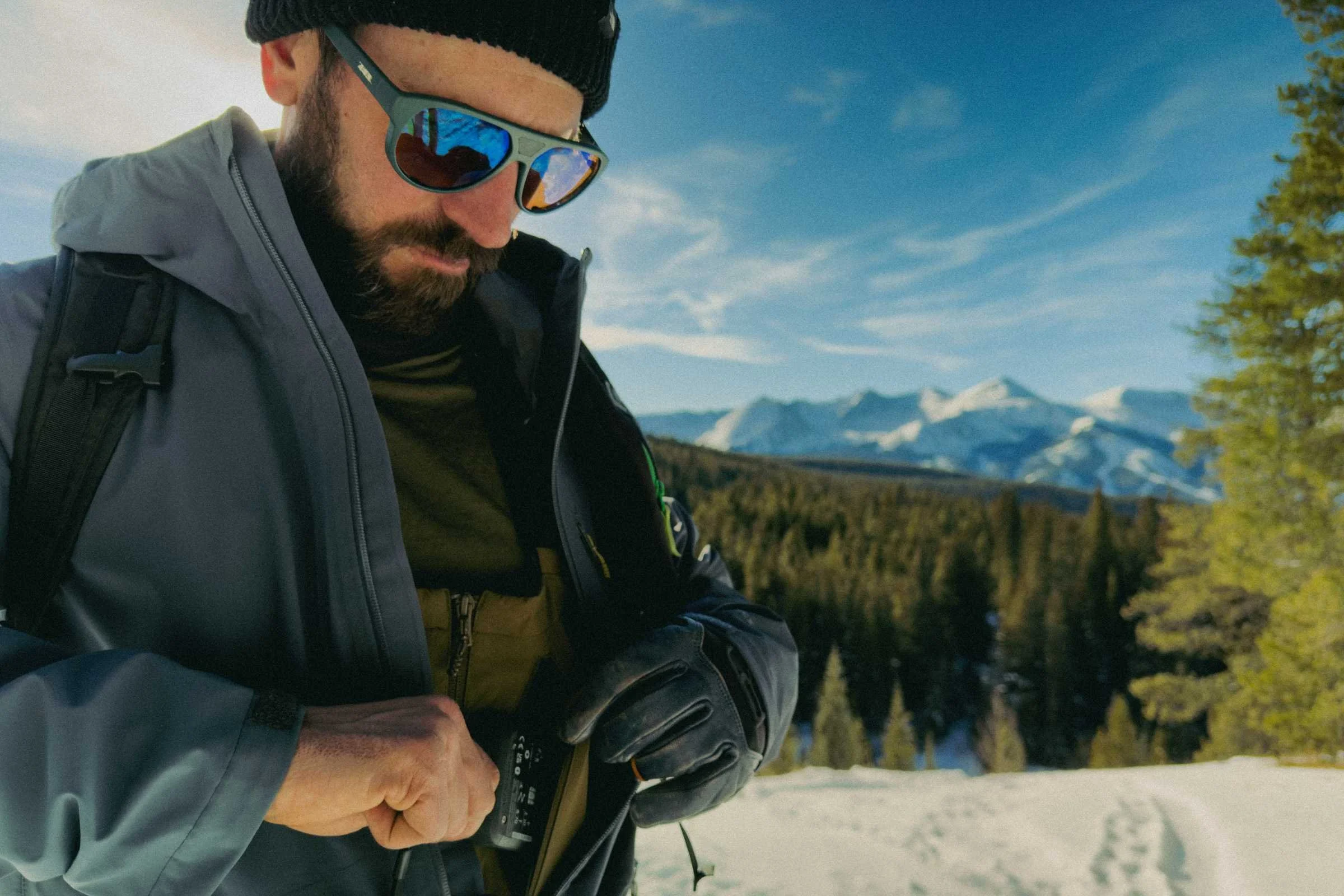   We like the pocket options on the Cloudchaser bibs, but wish there were also a beacon clip in a thigh pocket for more options to manage electronic interference.   Photo credit: Jacob Callaghan  