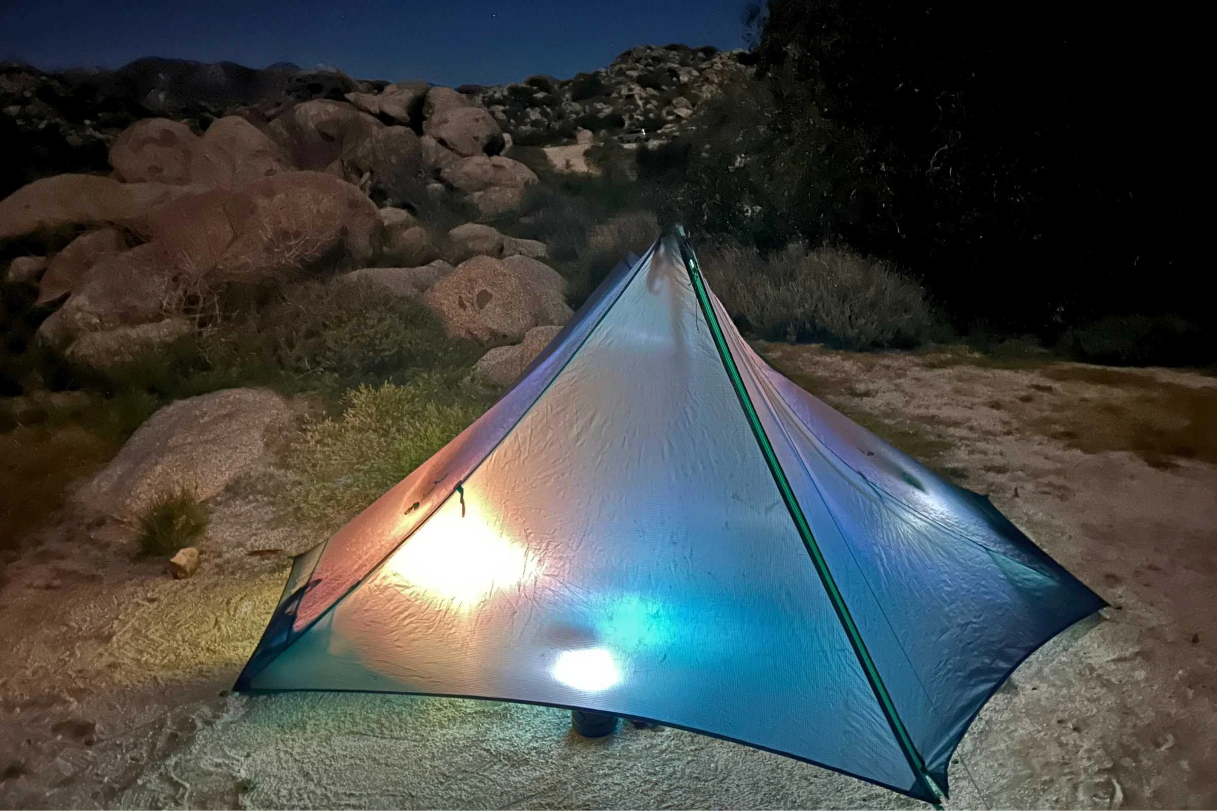   Big Agnes String Ridge VST tent at night in Anza Borrego Desert near the Pacific Crest Trail.  