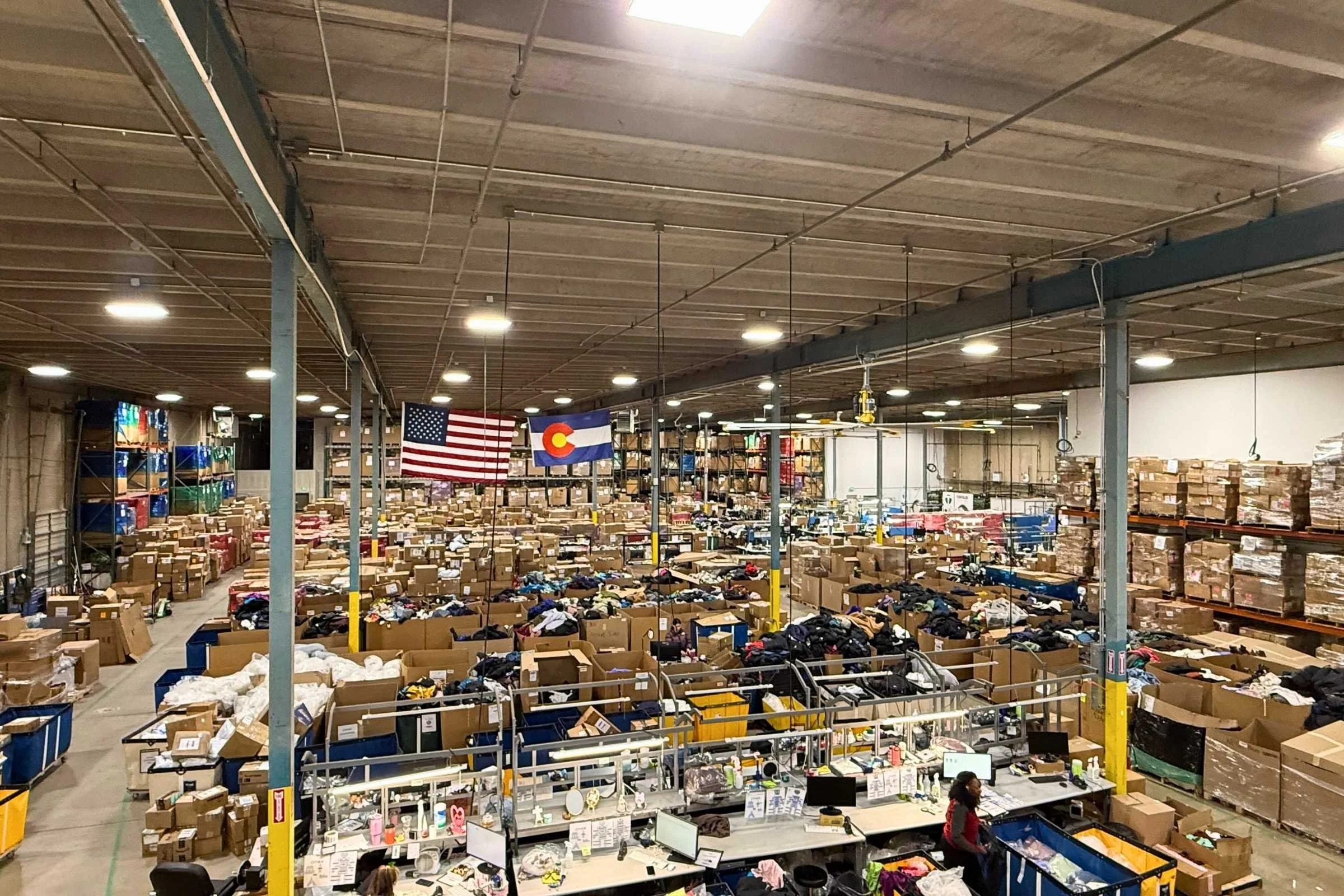   The large warehouse facility where gear from outdoor brands is cleaned, repaired, and prepared for resale or warranty returns.  