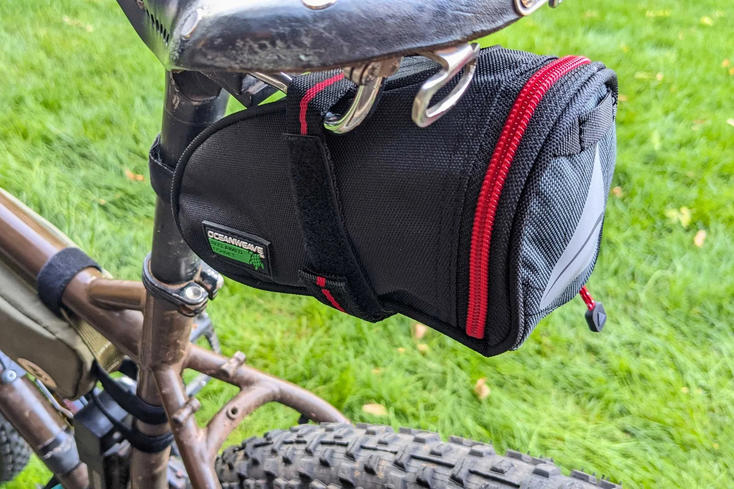   The Axiom Seymour Oceanweave wedge saddle bag is the best bag we tested for road bikes and commuting.  
