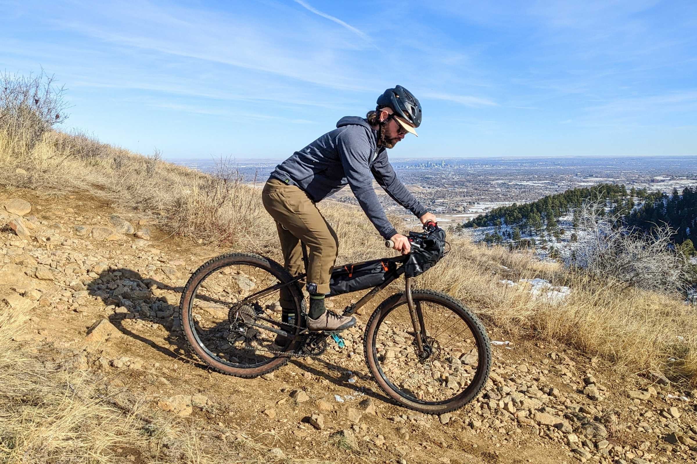   The author mountain biking in Colorado’s Front Range testing the ORTLIEB Frame-Pack RC Toptube bike bag.  