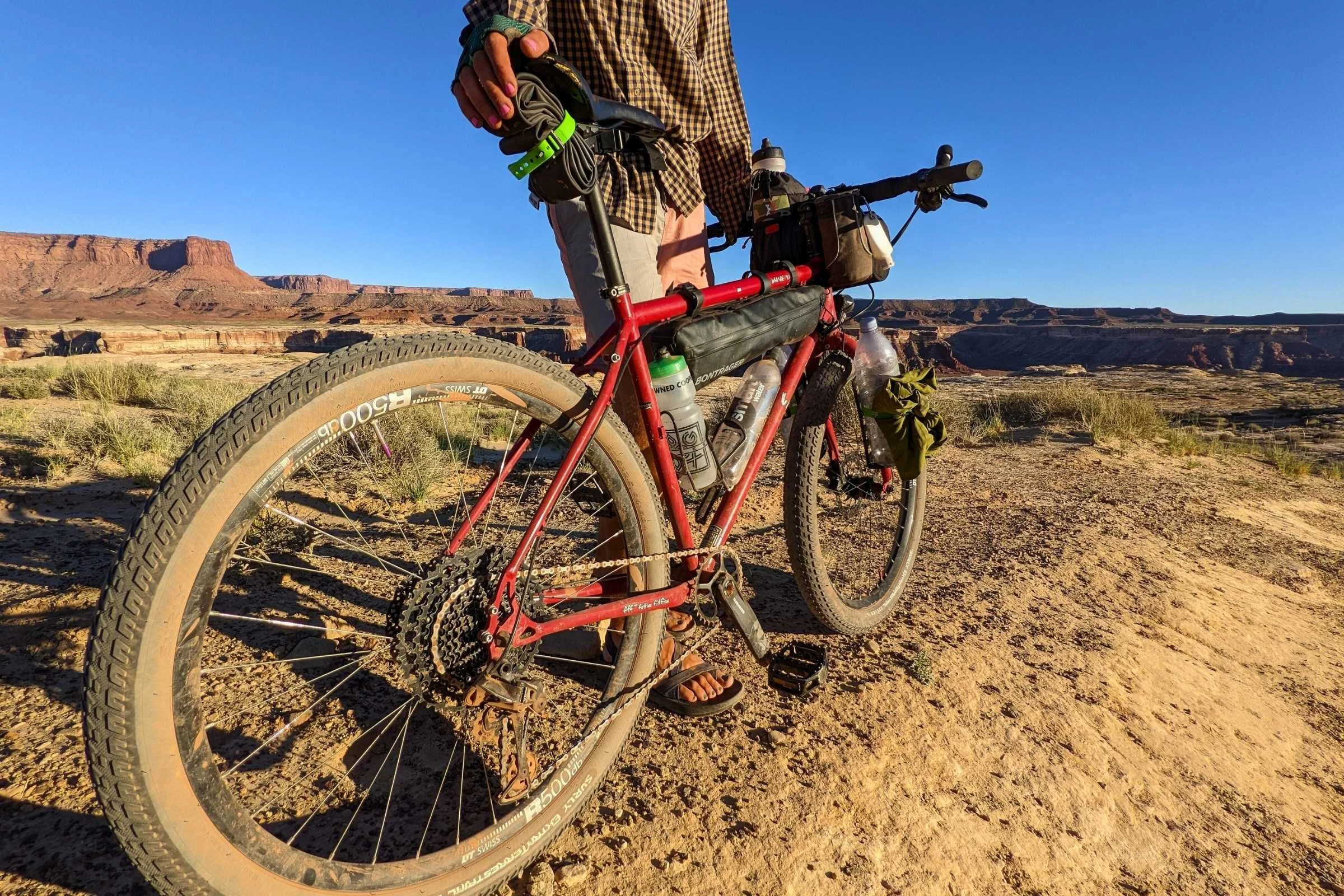   The Bontrager Adventure Boss bike bag is very secure.   The author testing the Bontrager Adventure boss on a ride in the desert Southwest.  